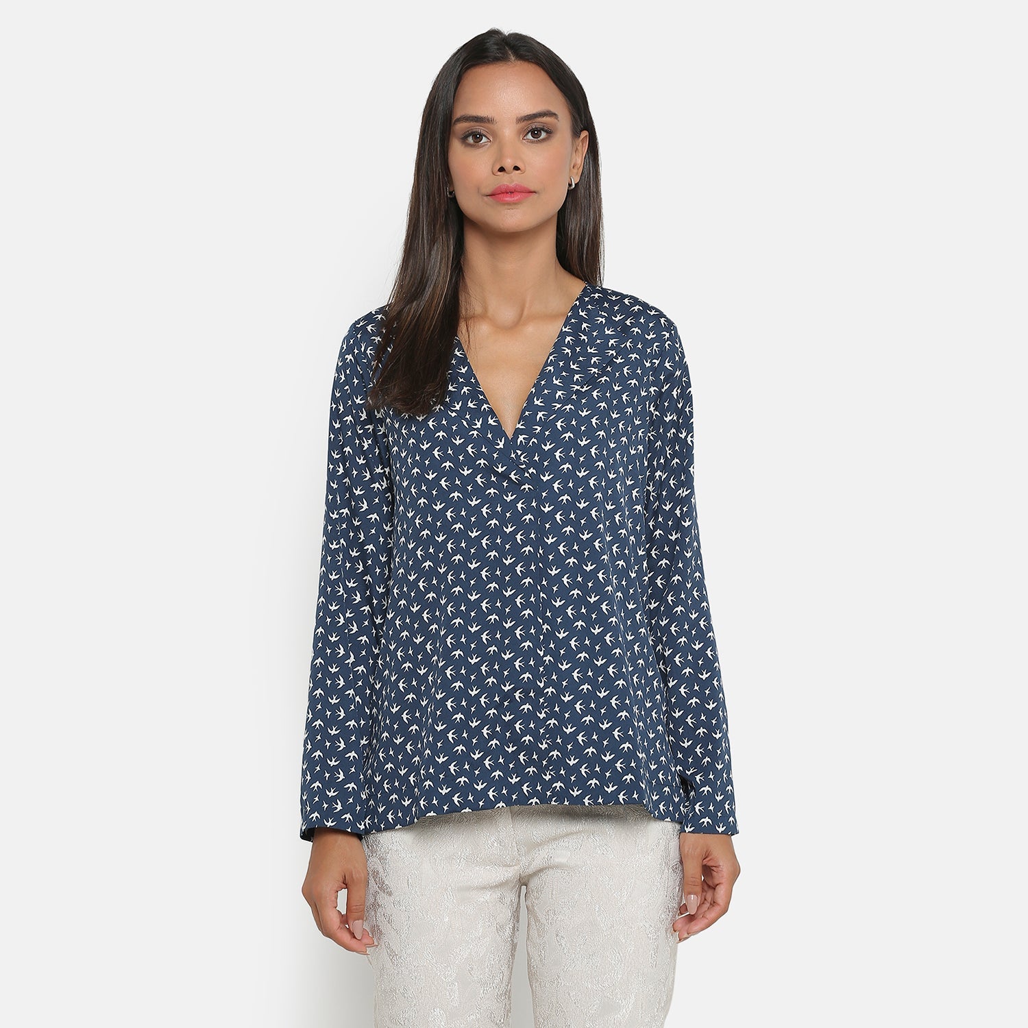Blue Bird Print Asymmetrical Top for Women