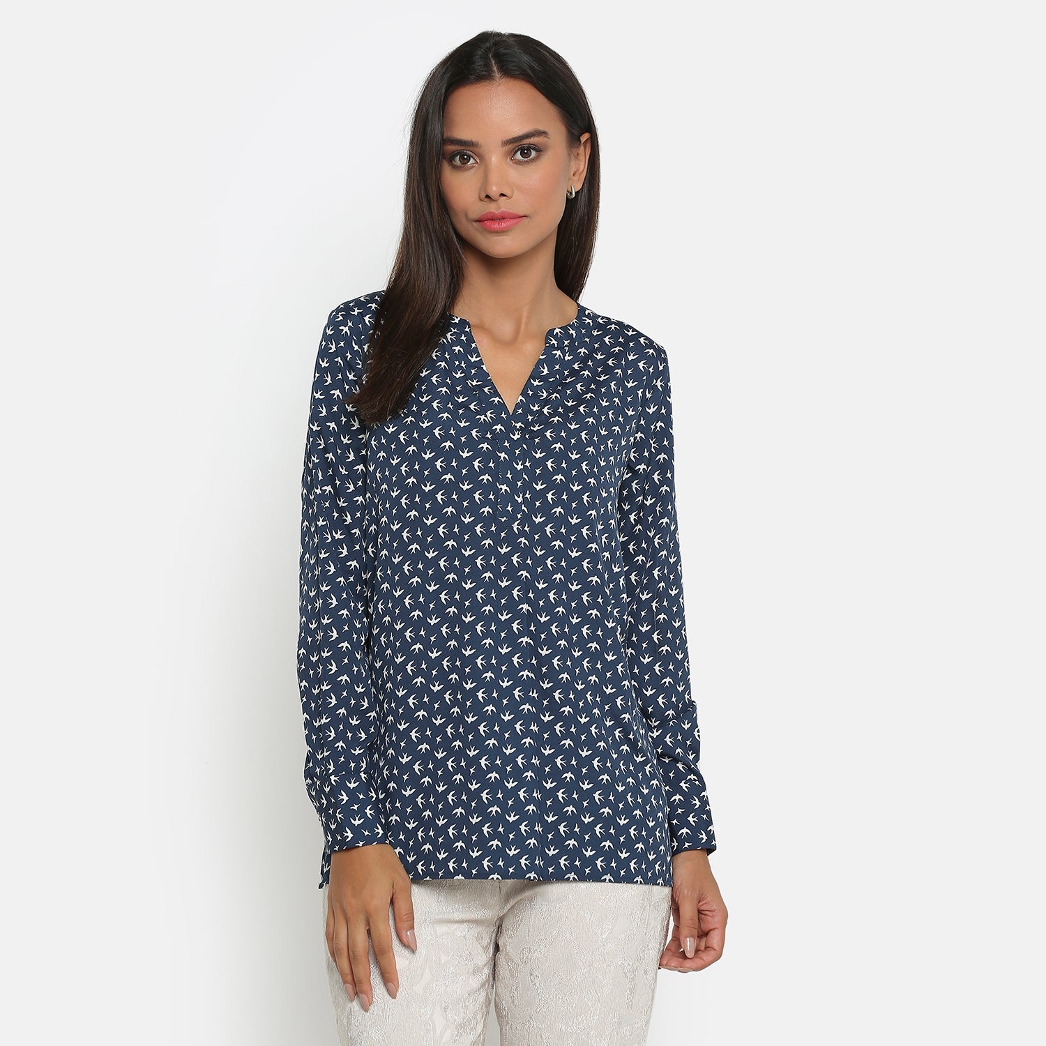 Blue Bird Print Top with Mandarin Collar