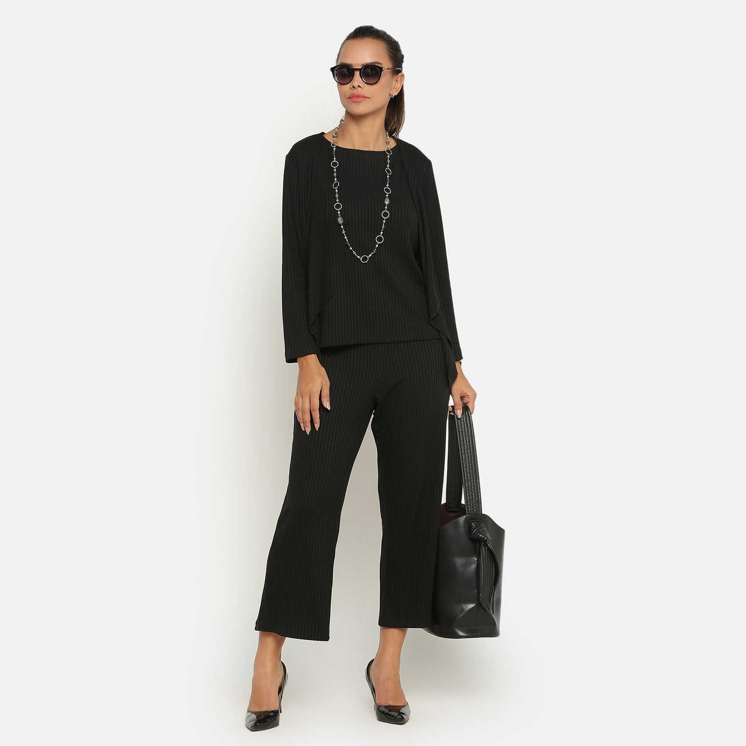 Black Ribbed Short Shrug for Women-5