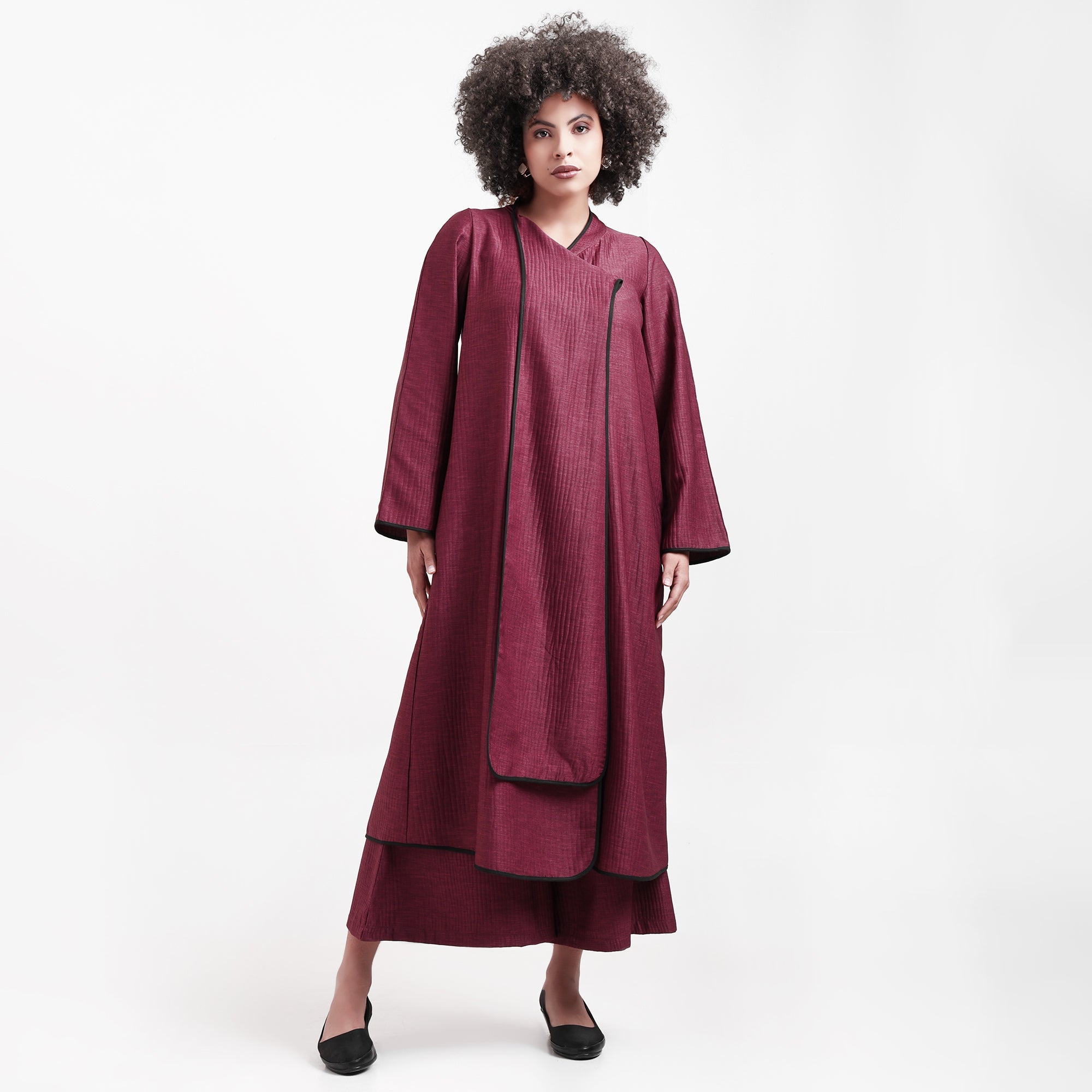 Wine Textured Overlap Kurta With Black Piping