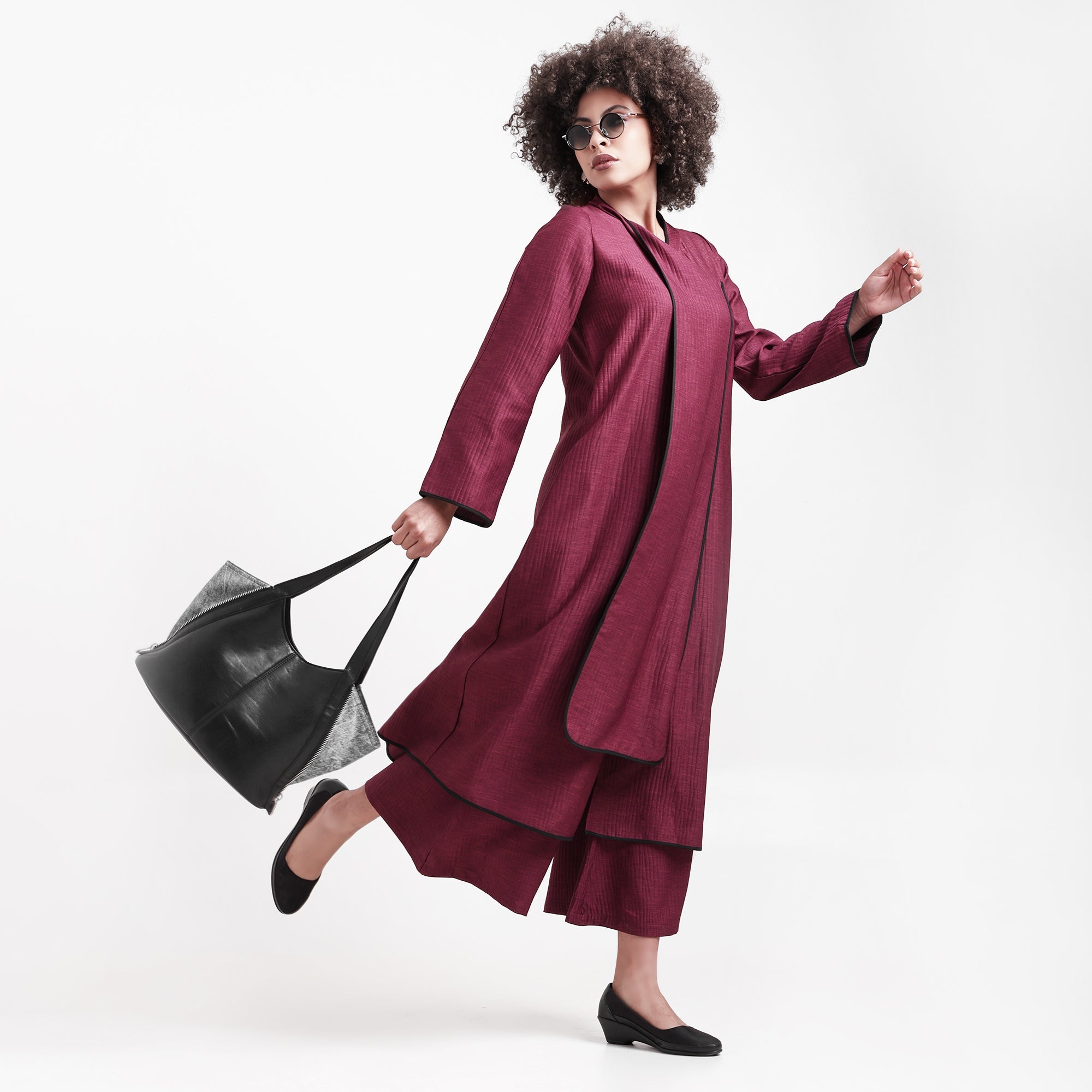 Wine Textured Overlap Kurta With Black Piping