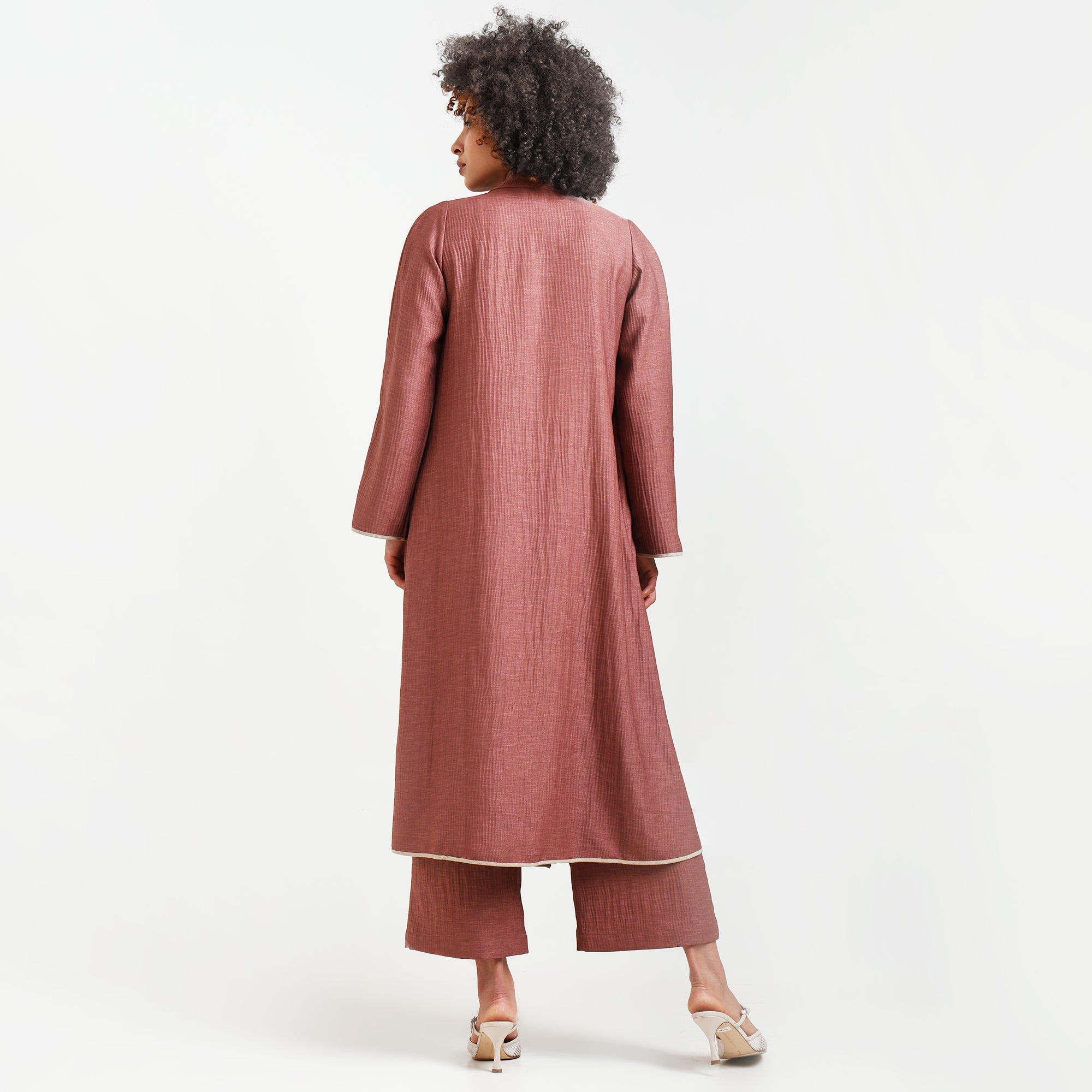 Peach Textured Overlap Kurta With Beige Piping