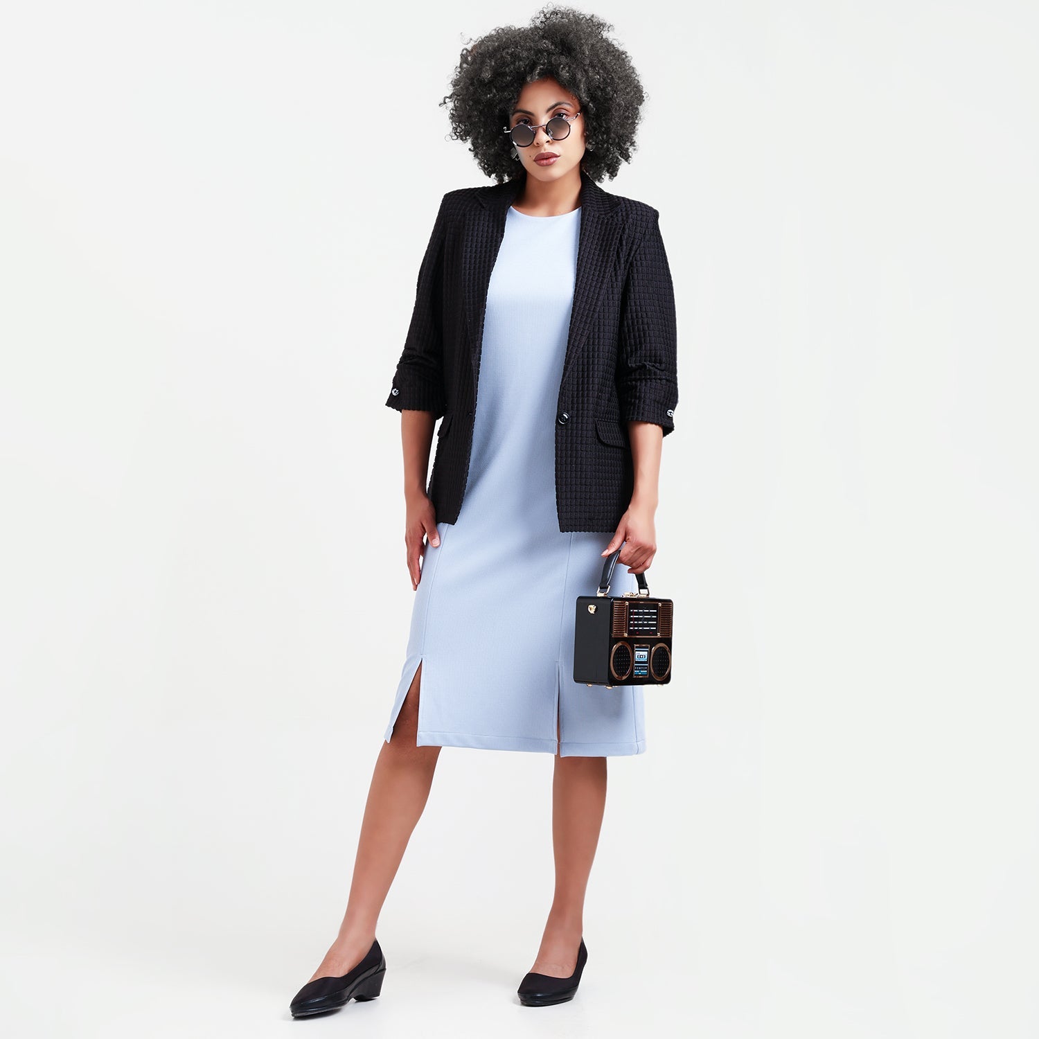 Black Square Textured Jacket With Cufflinks