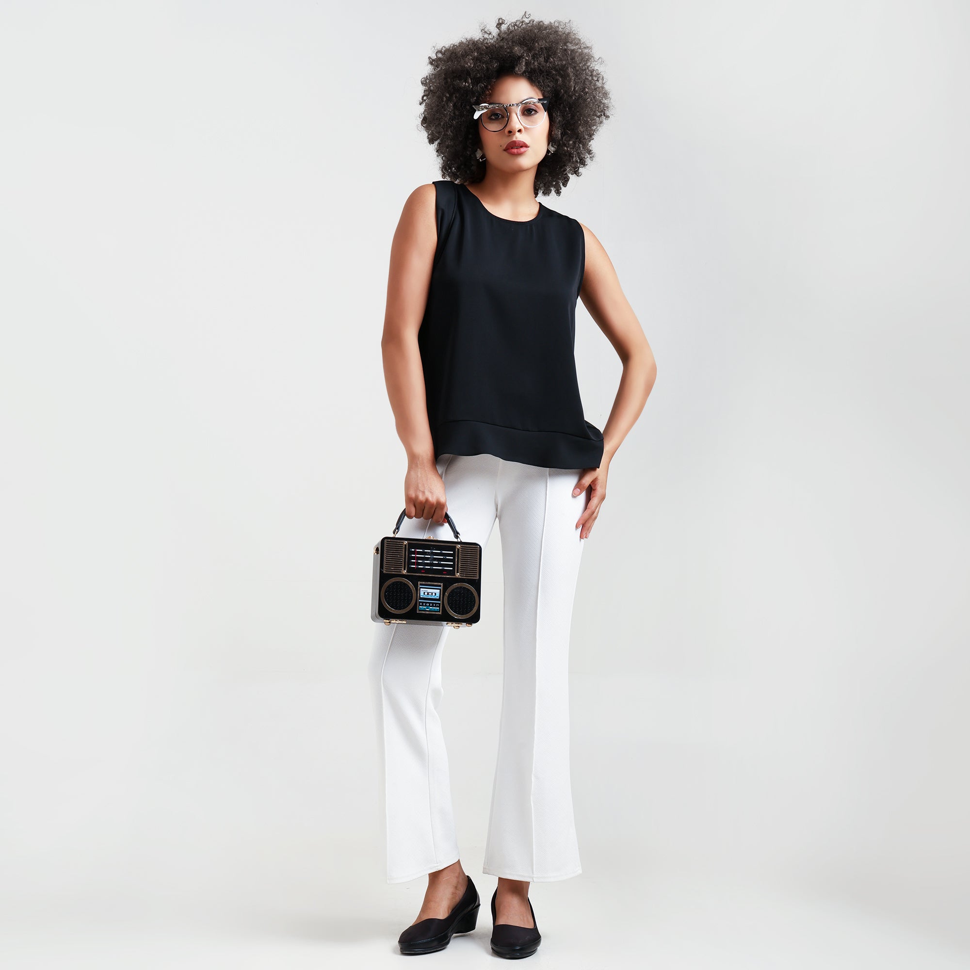 Black Crepe Side Frill Top