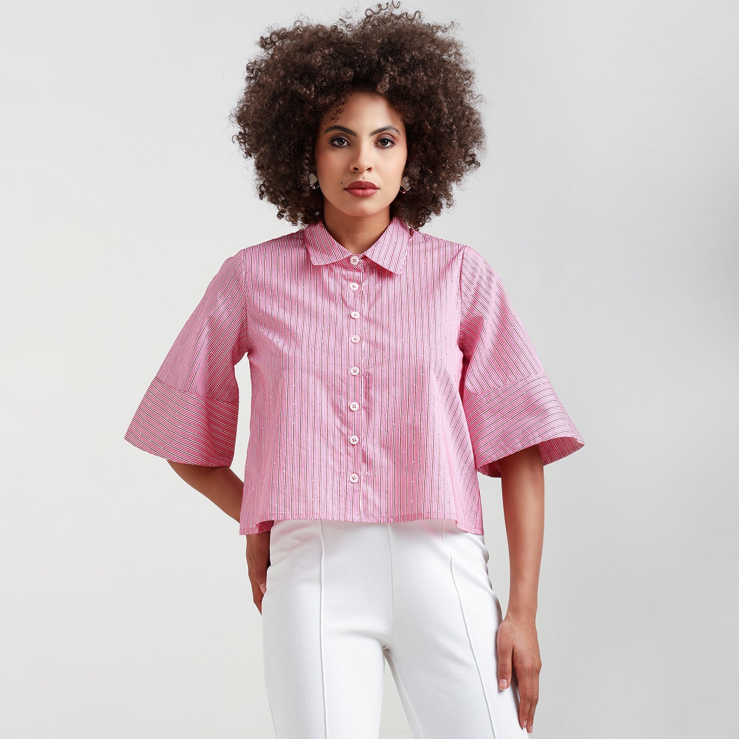 Pink Striped Cotton Shirt With Studs