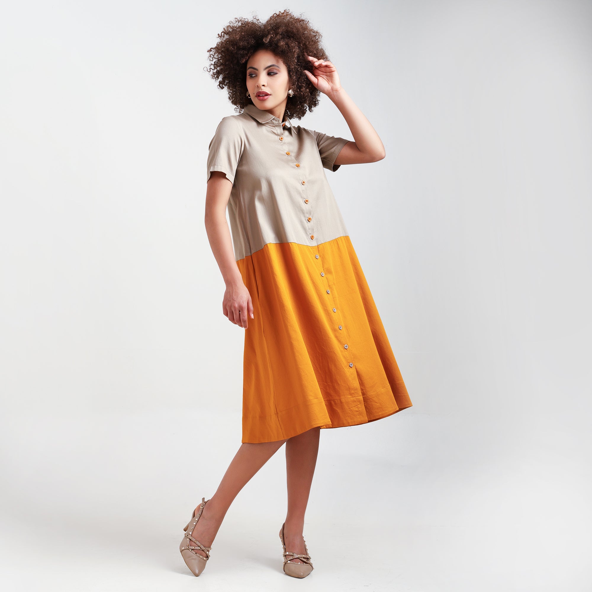 Yellow & Beige A-Line Cotton Dress