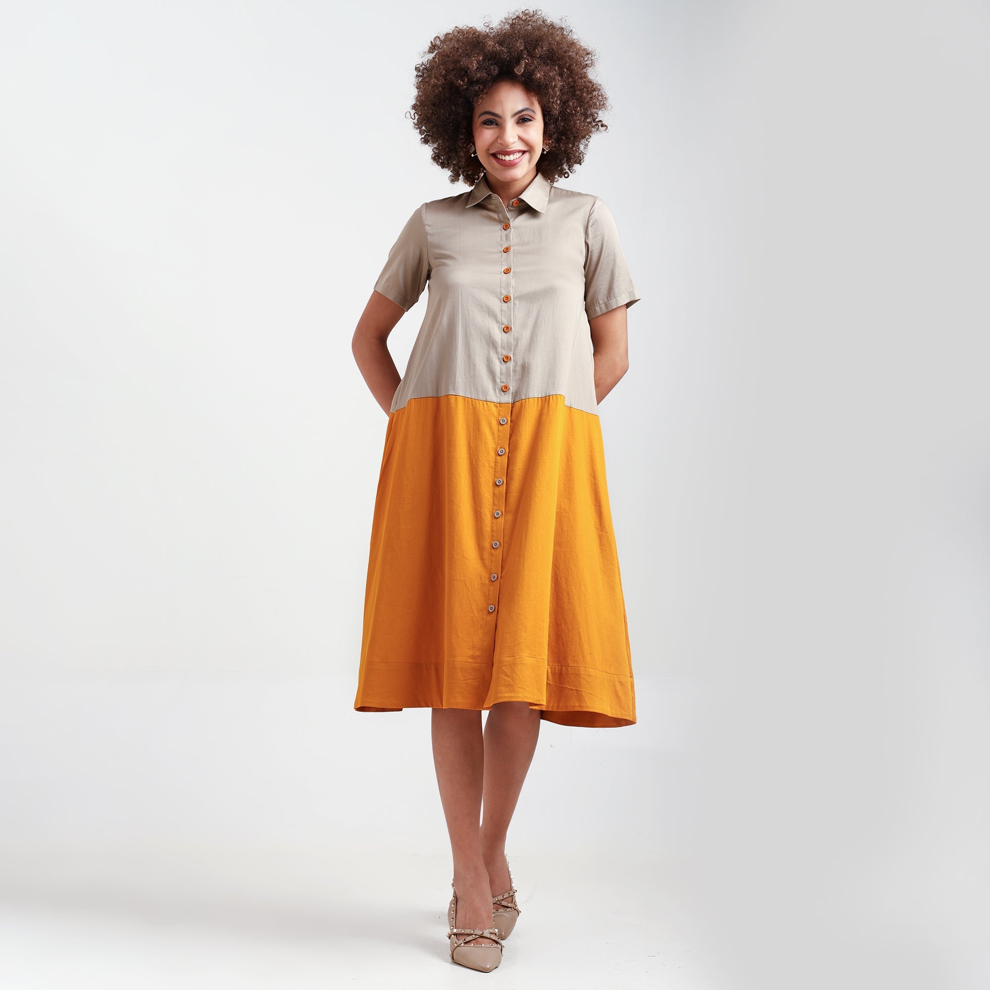 Yellow & Beige A-Line Cotton Dress