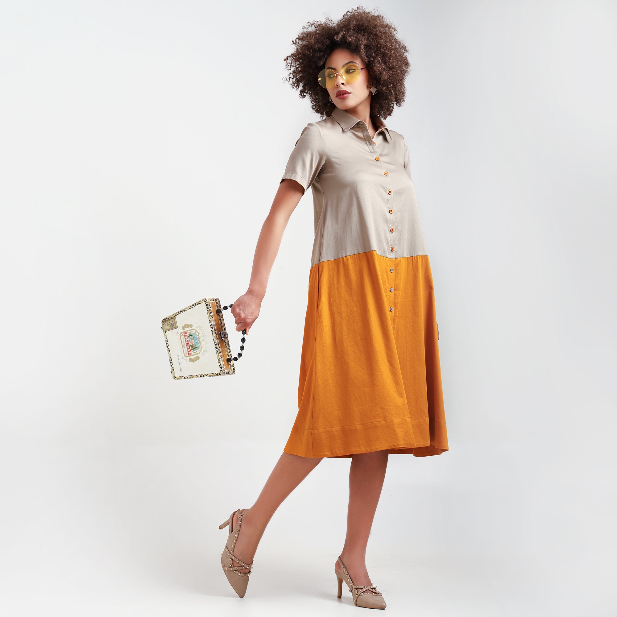 Yellow & Beige A-Line Cotton Dress