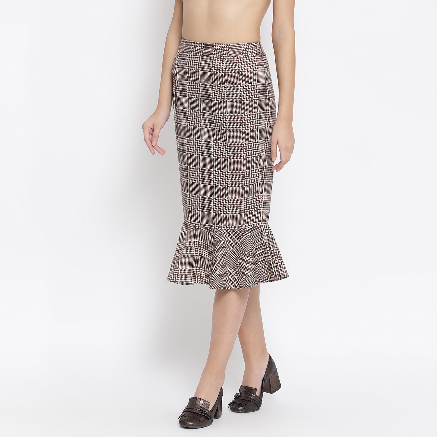 Brown Check Lycra Fish Cut Skirt