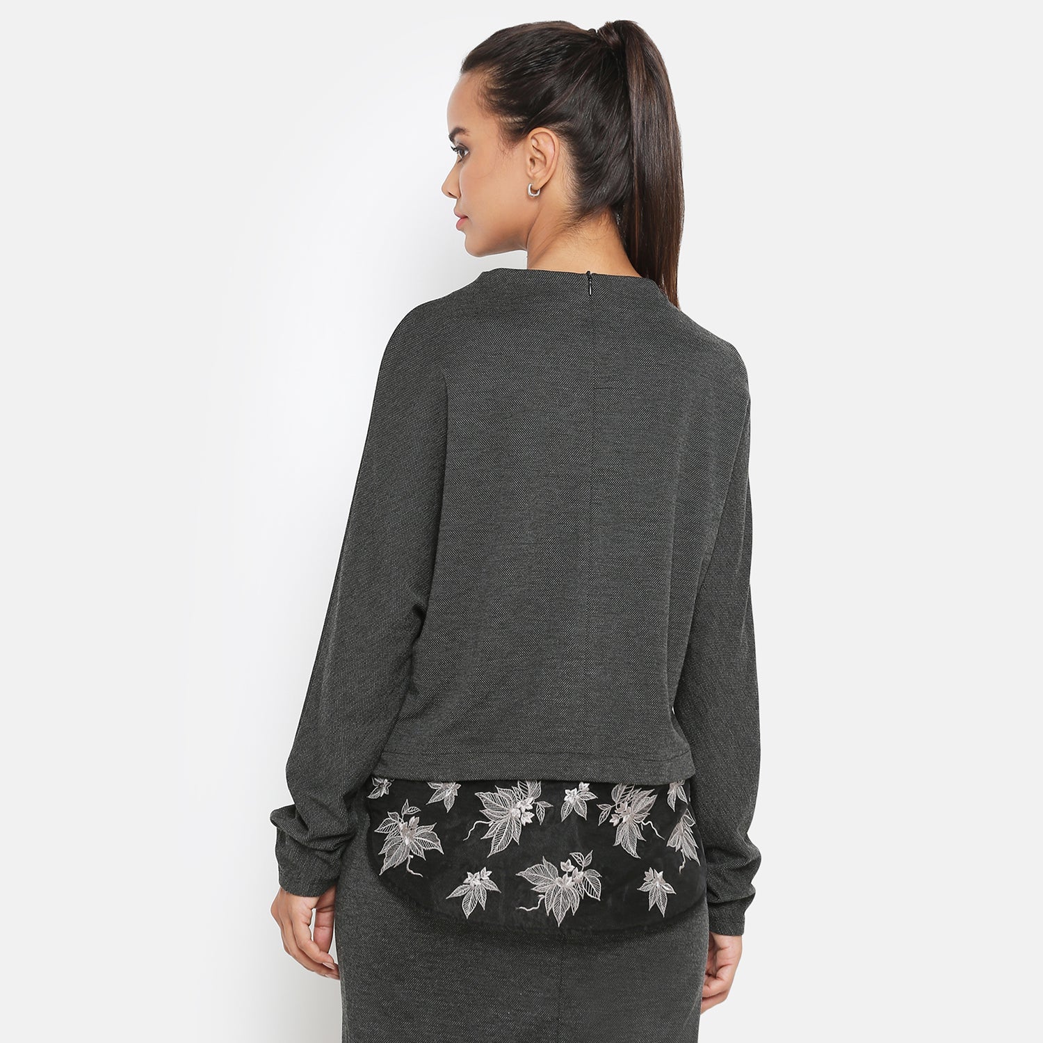 Dark Grey Top With Organza Embroidery