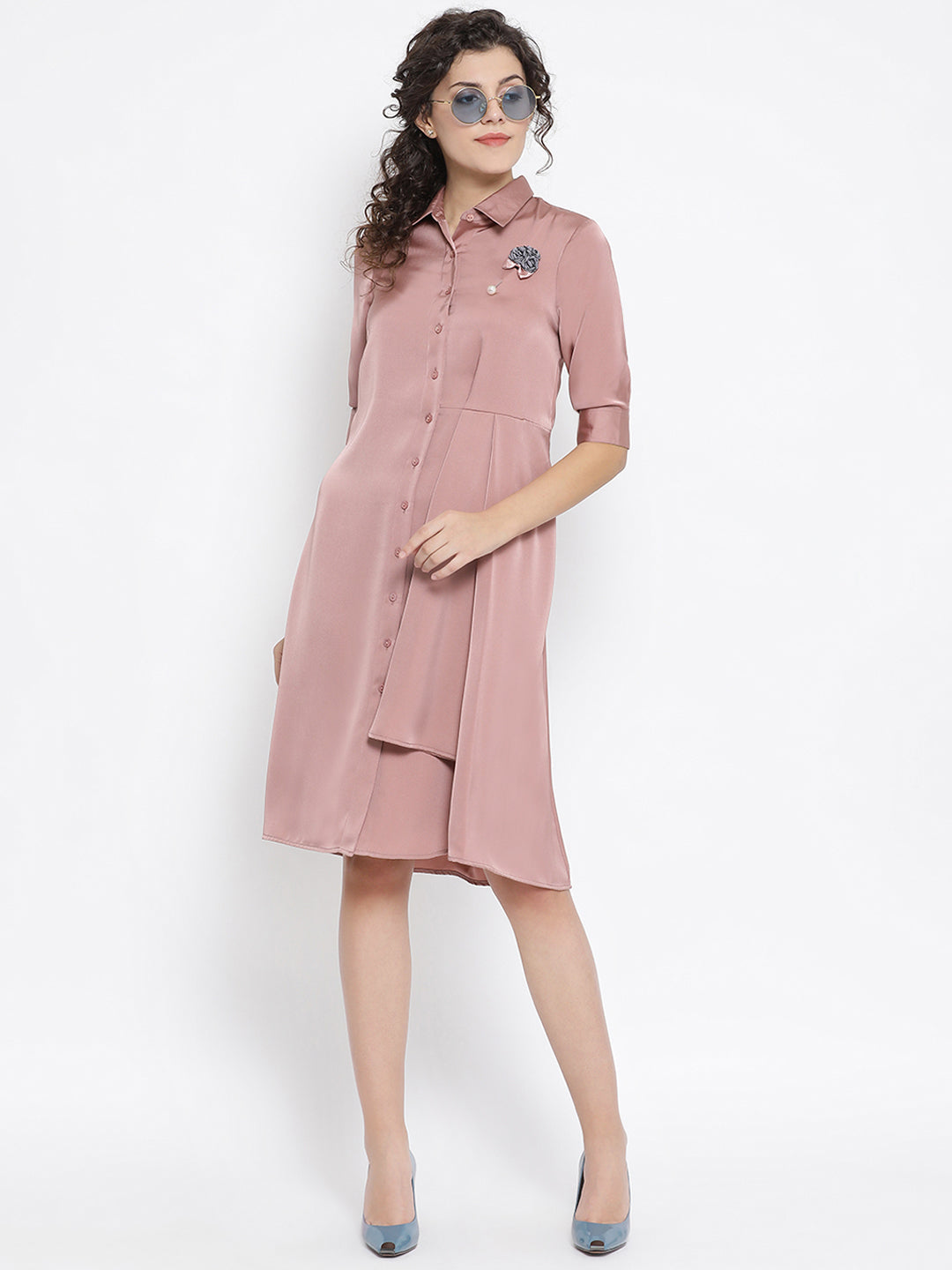 Pink Satin Drape Dress With Grey Flower Bunch Broach