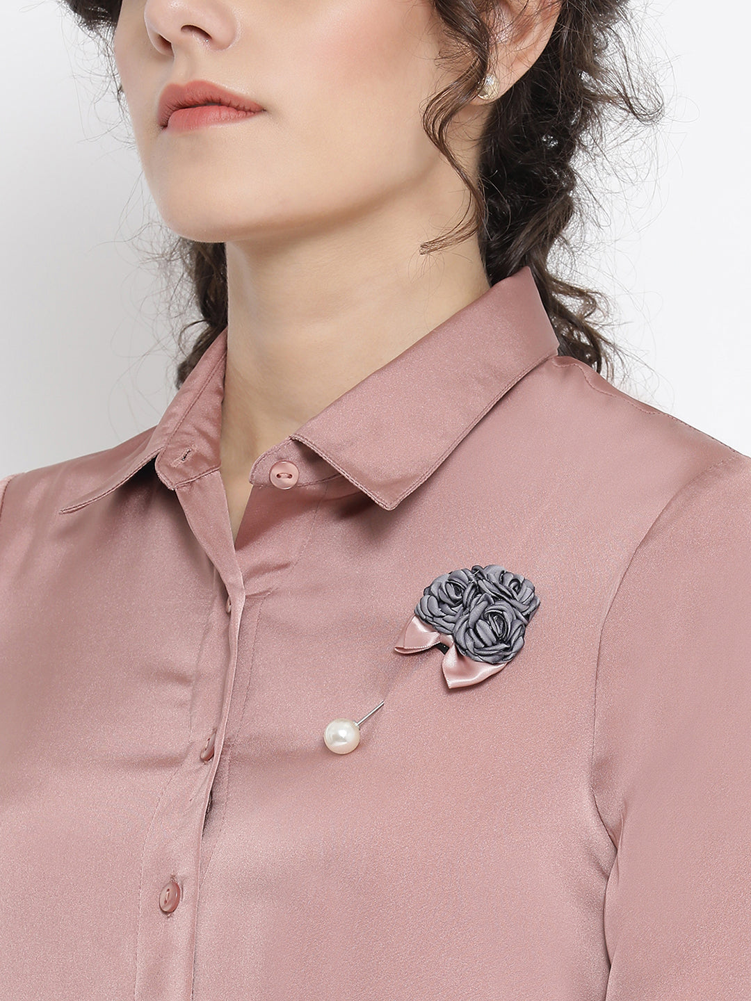 Pink Satin Drape Dress With Grey Flower Bunch Broach