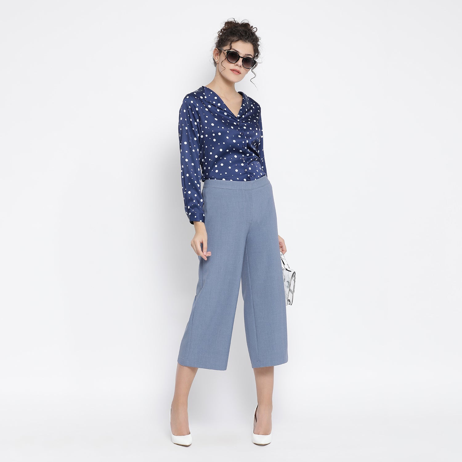 Buy Blue White Silk Polka Top for Women-4