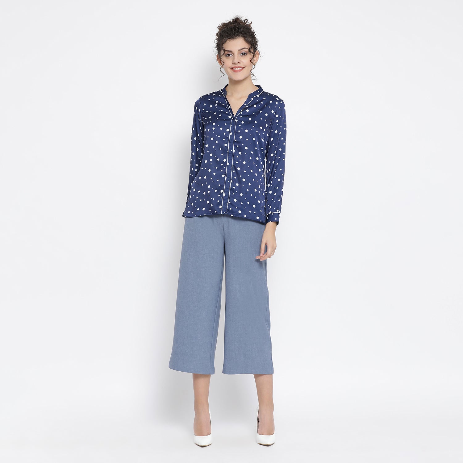 Buy Blue White Silk Polka Top for Women-4