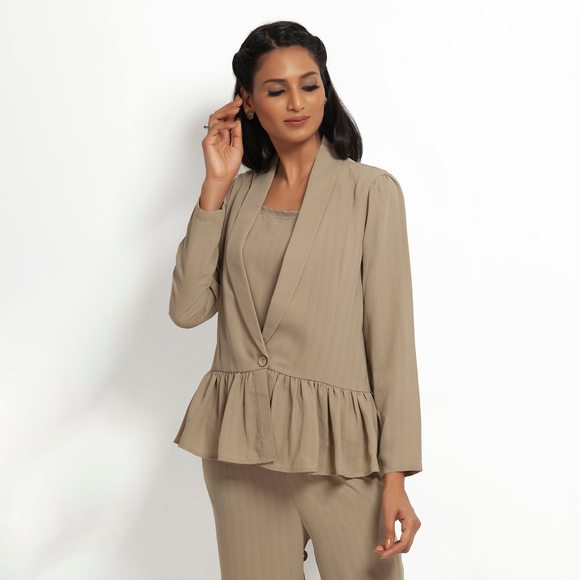 Beige Jacket with Gathers for Women-1