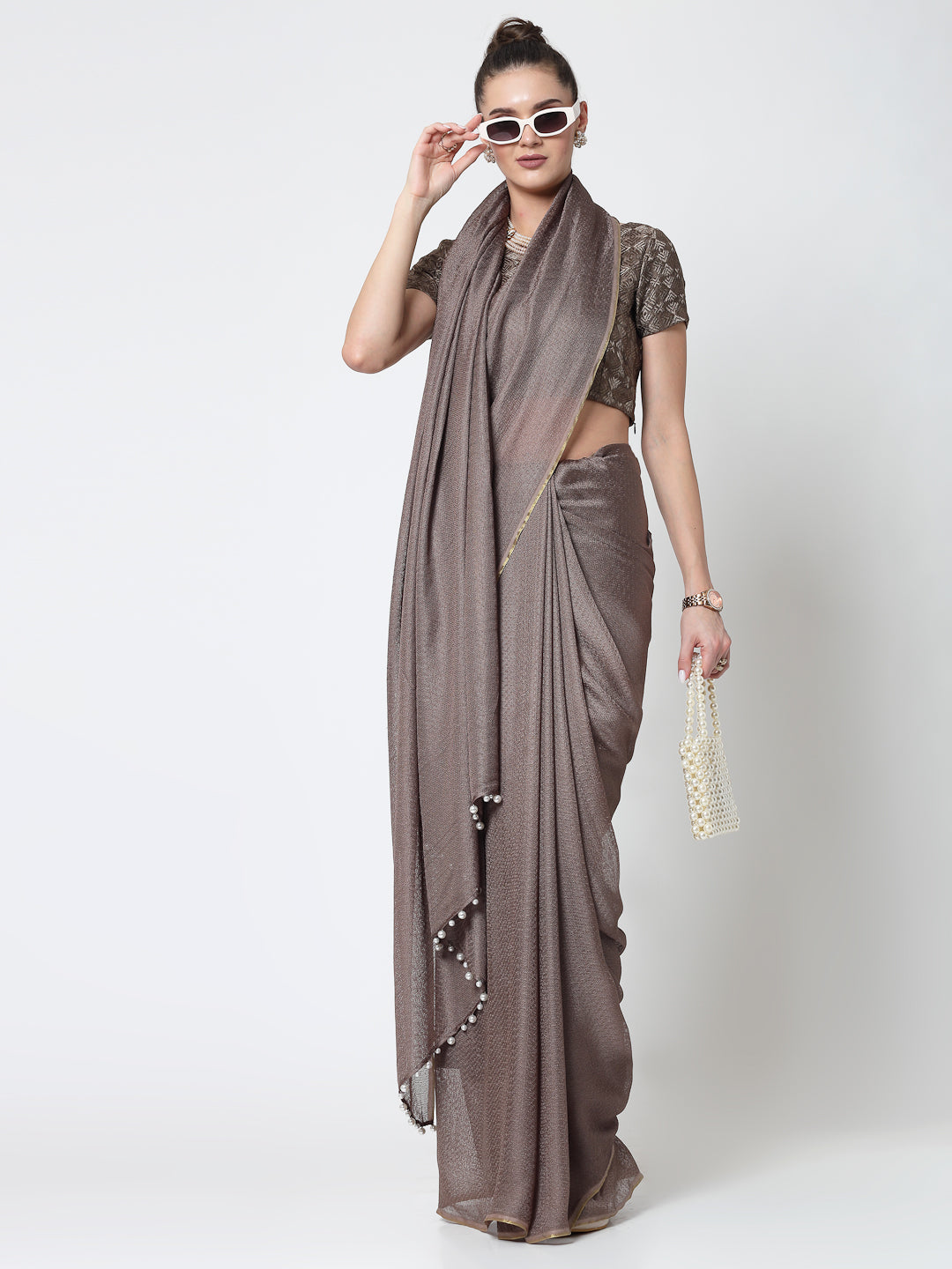 Beige Jute Saree With Pearls, Professional Sarees for Women - Traditional Workwear Elegance