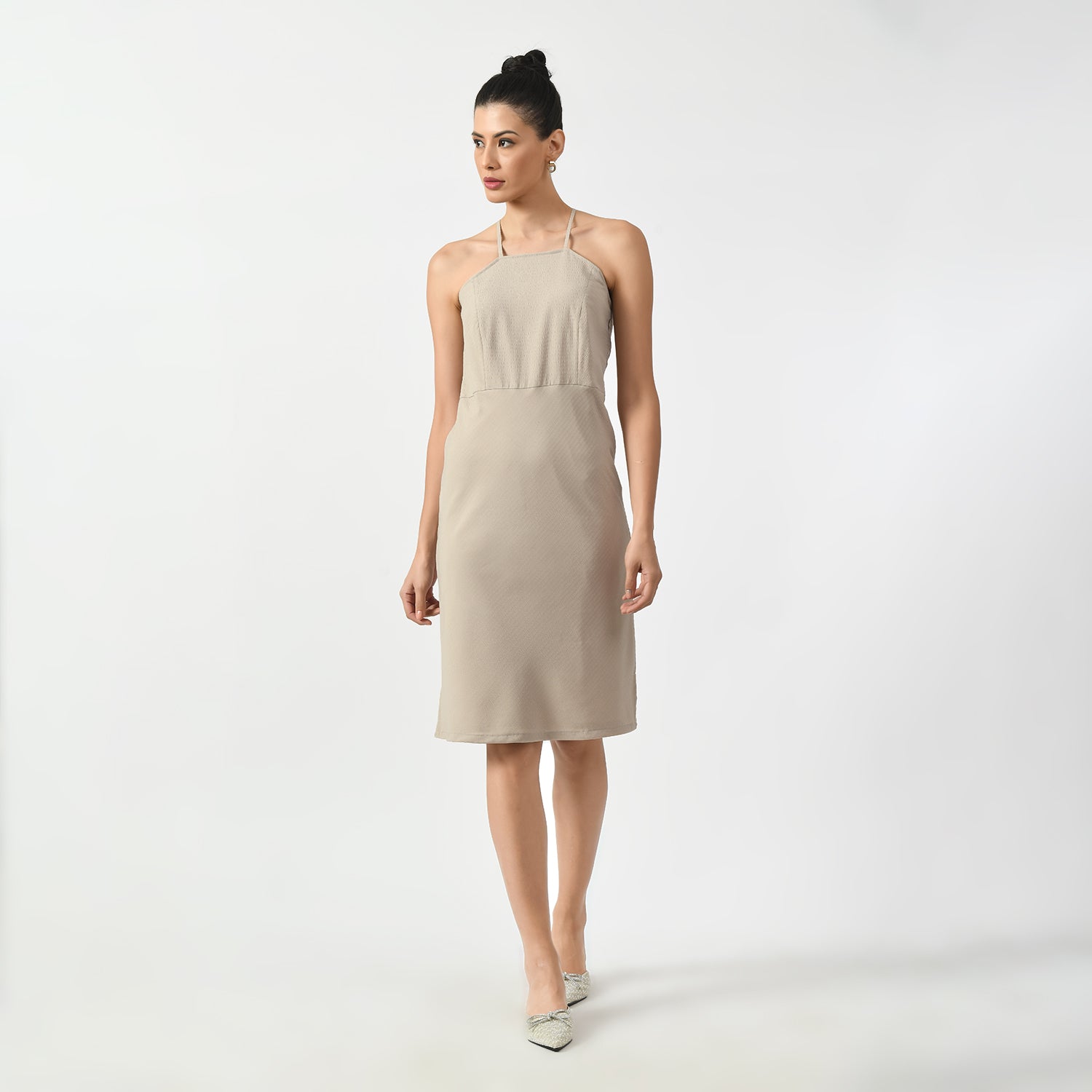 Beige Texture Halter Office Wear Dresses for Women