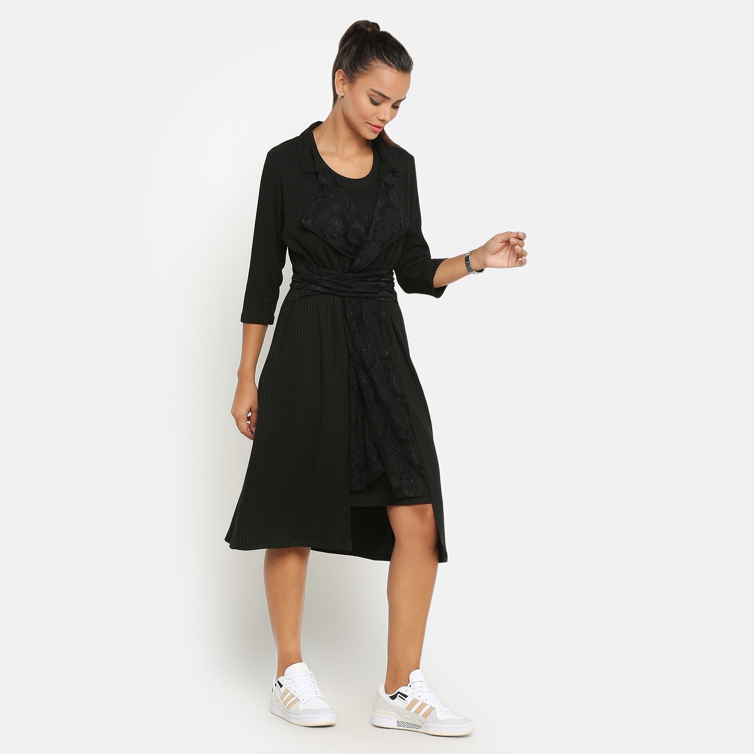 Black Ribbed Long Shrug for Women-4	