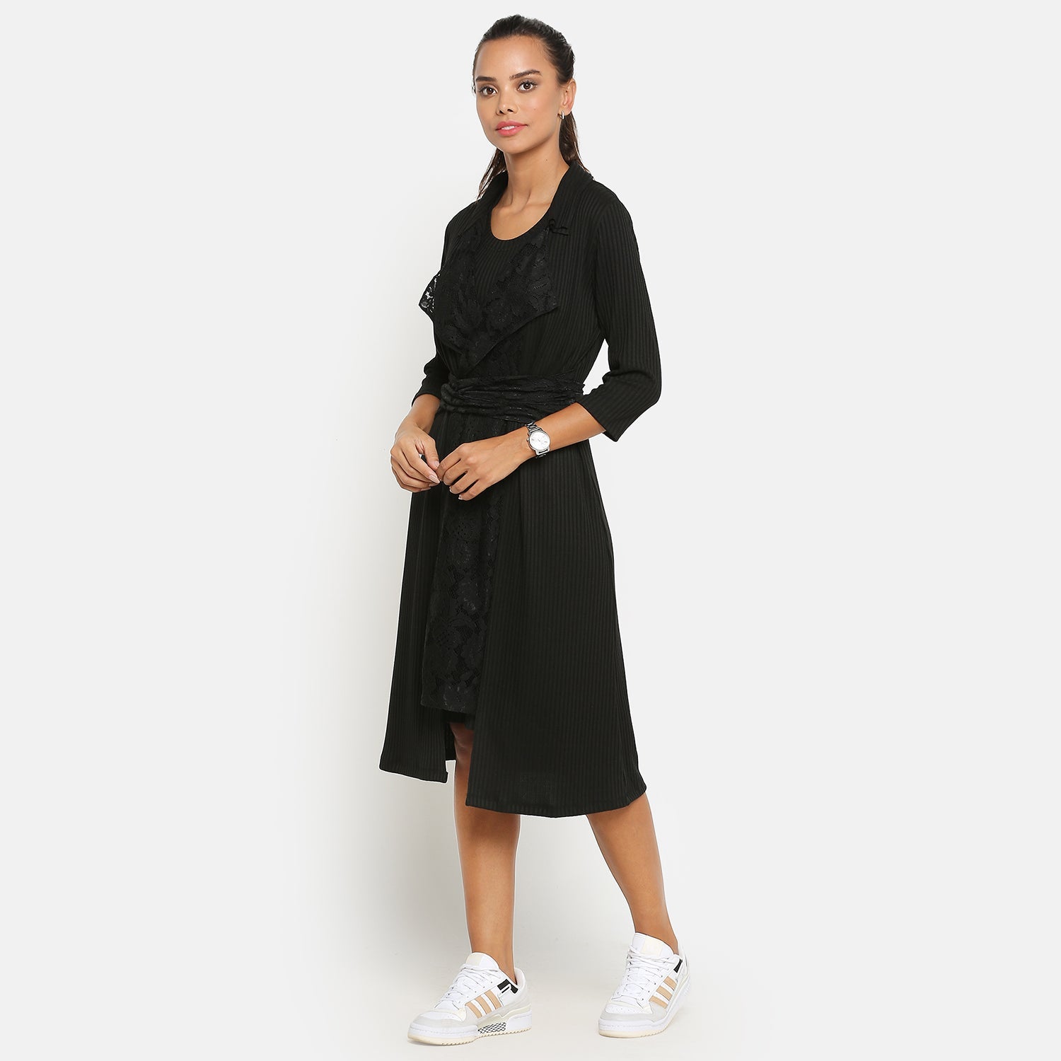 Black Ribbed Long Shrug for Women-3	