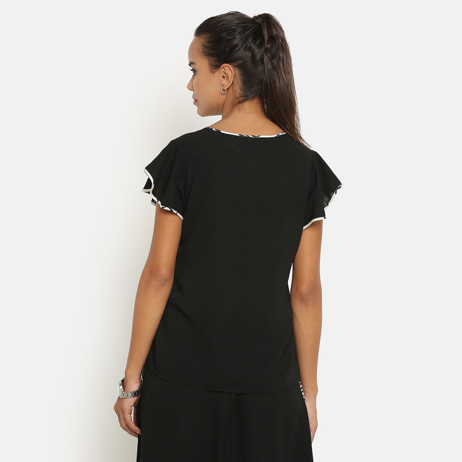 Black  Top With Frill on Side Seam With Contrast Pining, formal tops for women	
tops for women stylish	
office dress for women	
stylish tops for women	