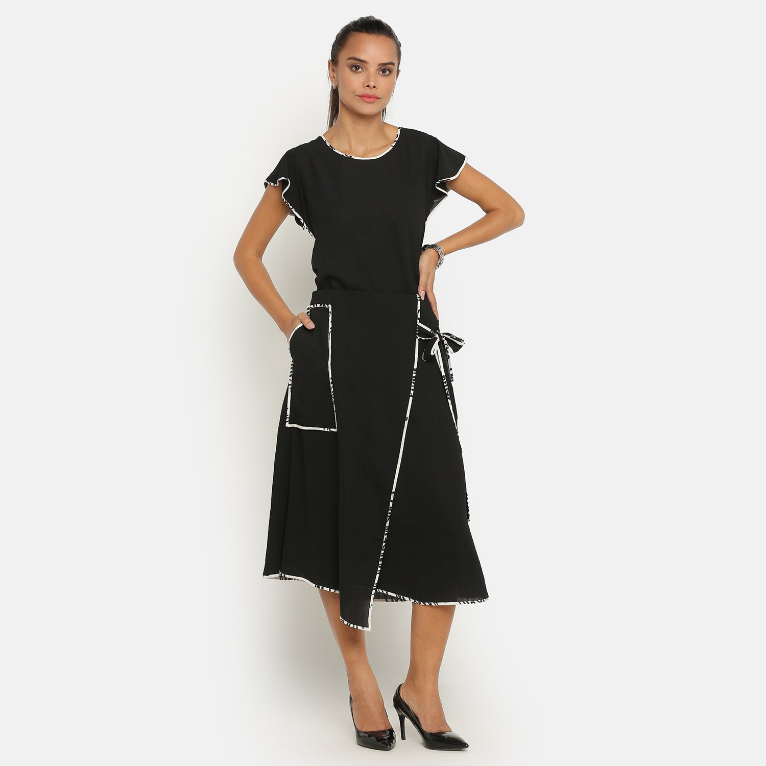 Black  Top With Frill on Side Seam With Contrast Pining, formal tops for women	
tops for women stylish	
office dress for women	
stylish tops for women	