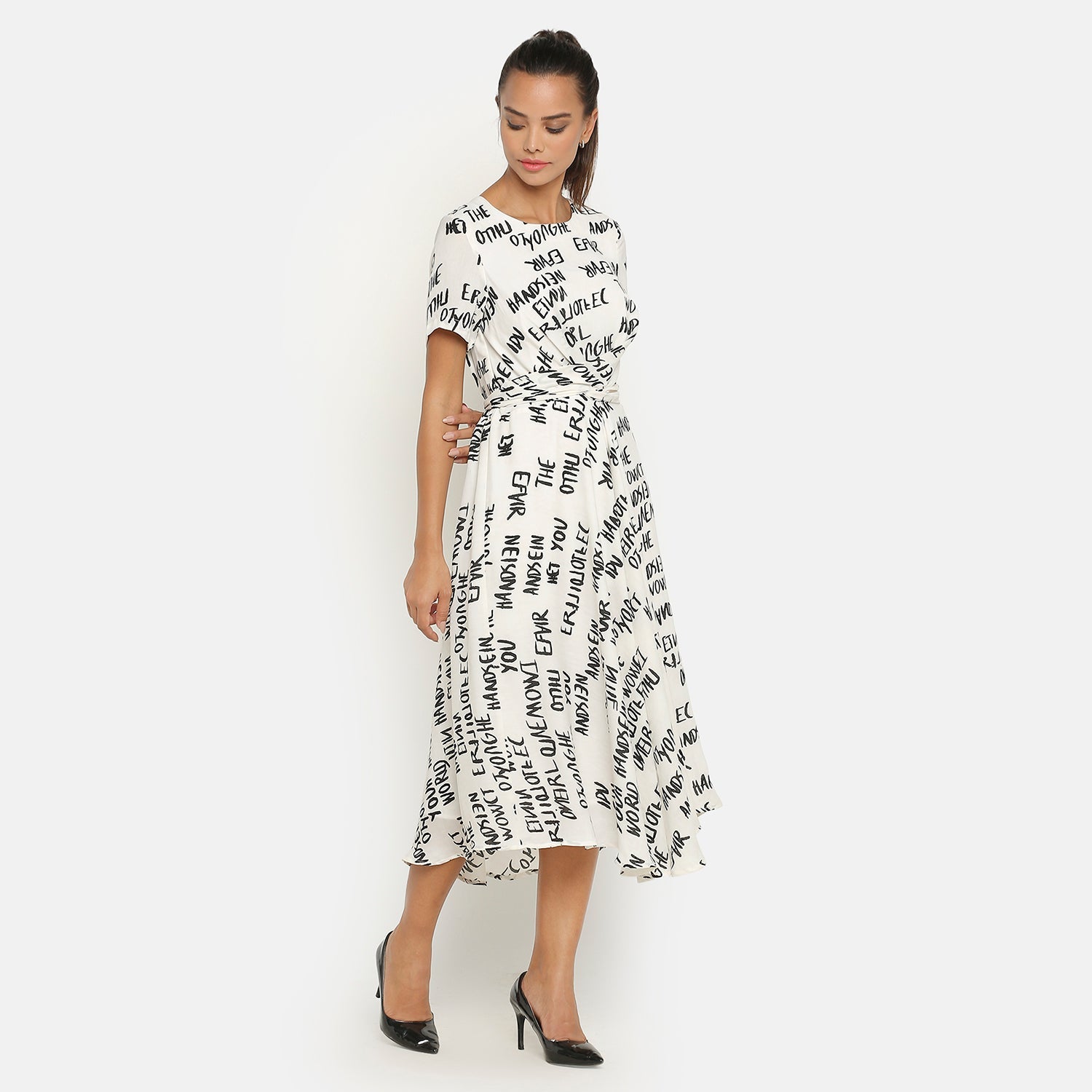 Black & White Printed  Dress With Front Tie Knot, dress for women, stylish dress for women, one piece for women dress, office wear women