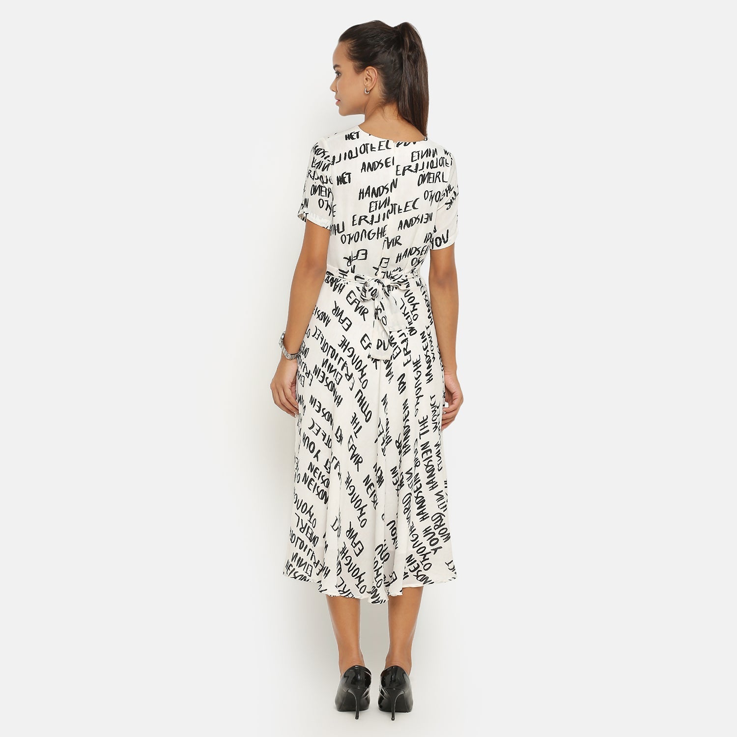 Black & White Printed  Dress With Front Tie Knot, dress for women, stylish dress for women, one piece for women dress, office wear women