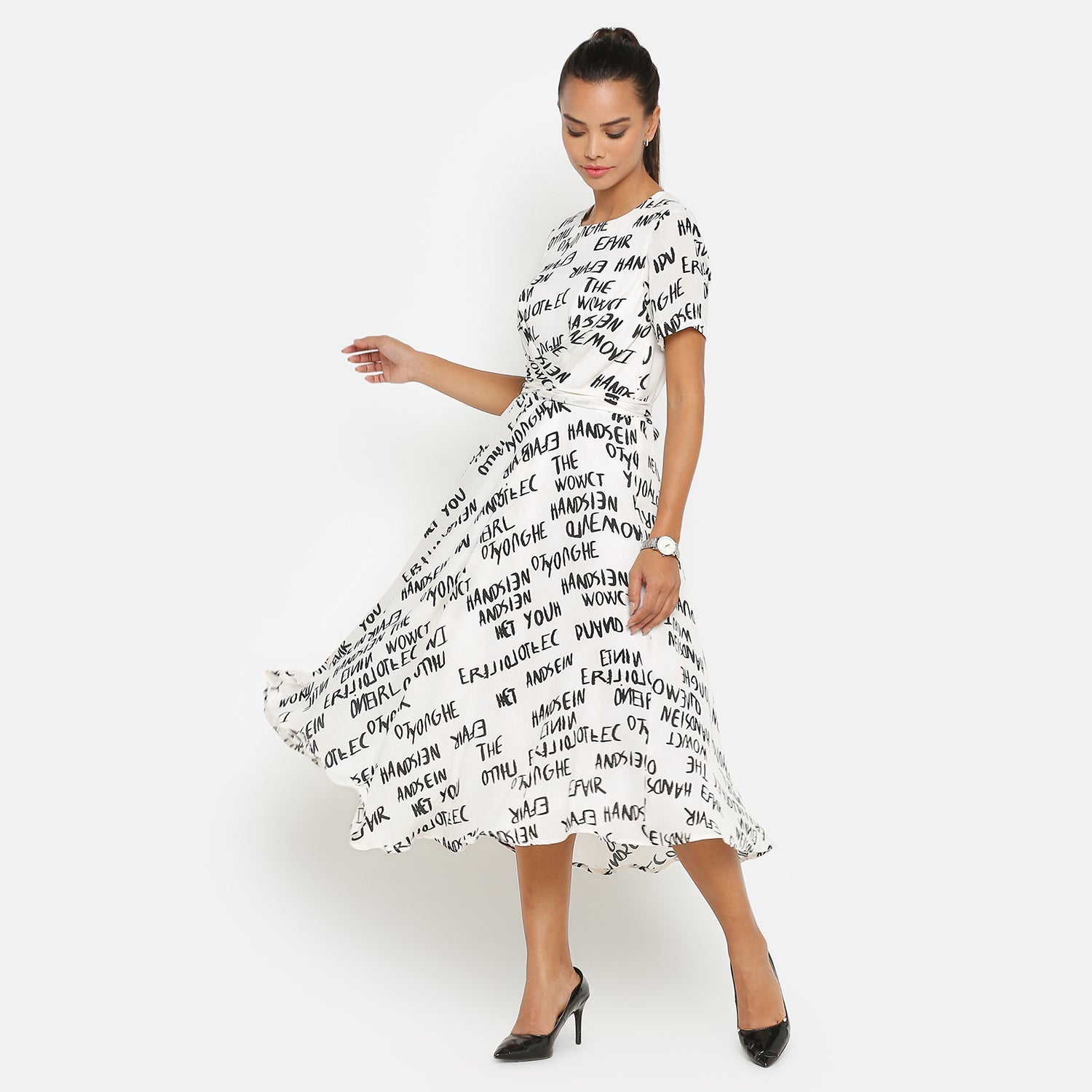 Black & White Printed  Dress With Front Tie Knot, dress for women, stylish dress for women, one piece for women dress, office wear women