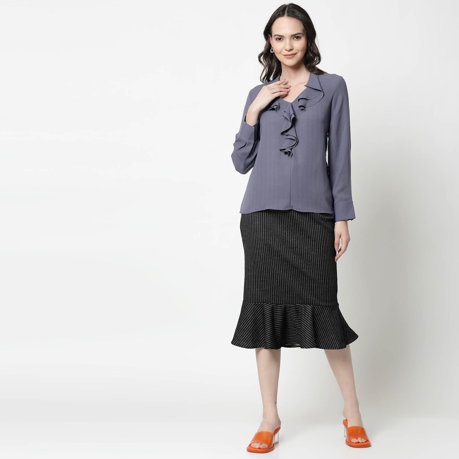 Blue Formal Top With Frill Collar, formal tops for women	
tops for women stylish	
office dress for women	
stylish tops for women	