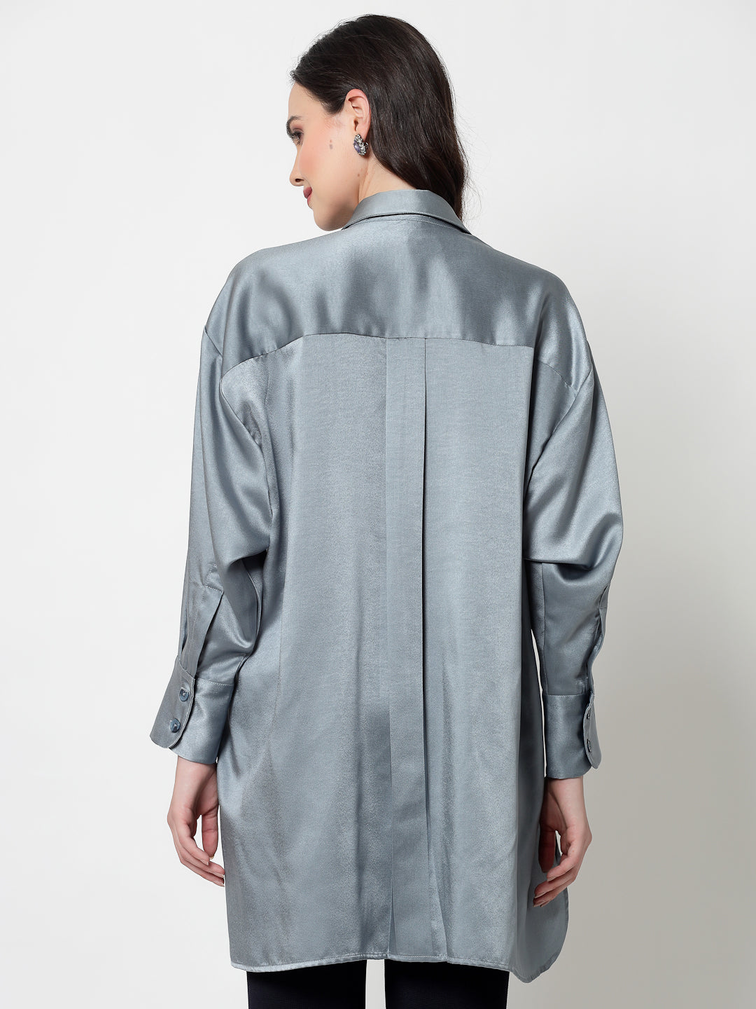 Bluish Grey Satin Oversize Long Shirt,womens formal shirts	
cotton shirts for women	
Ofiice shirts for women	