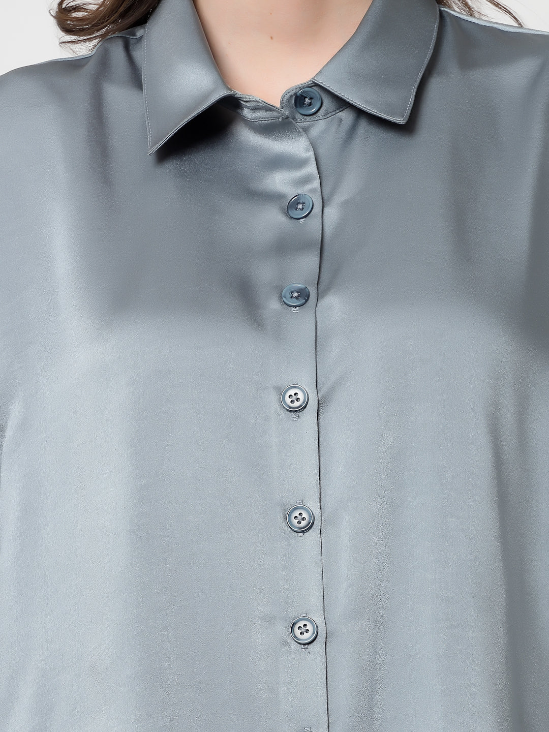 Bluish Grey Satin Oversize Long Shirt,womens formal shirts	
cotton shirts for women	
Ofiice shirts for women	