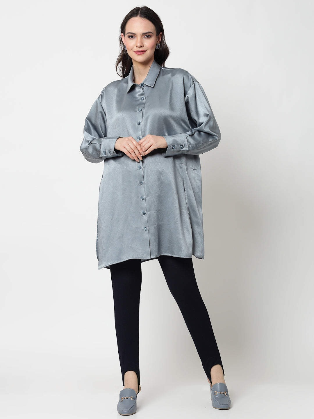 Bluish Grey Satin Oversize Long Shirt,womens formal shirts	
cotton shirts for women	
Ofiice shirts for women	