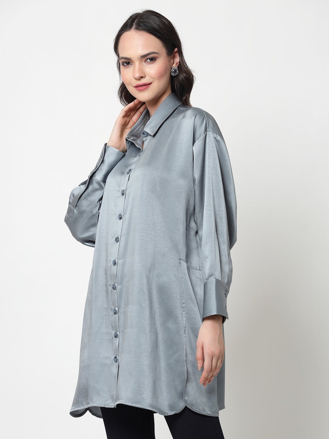 Bluish Grey Satin Oversize Long Shirt,womens formal shirts	
cotton shirts for women	
Ofiice shirts for women	