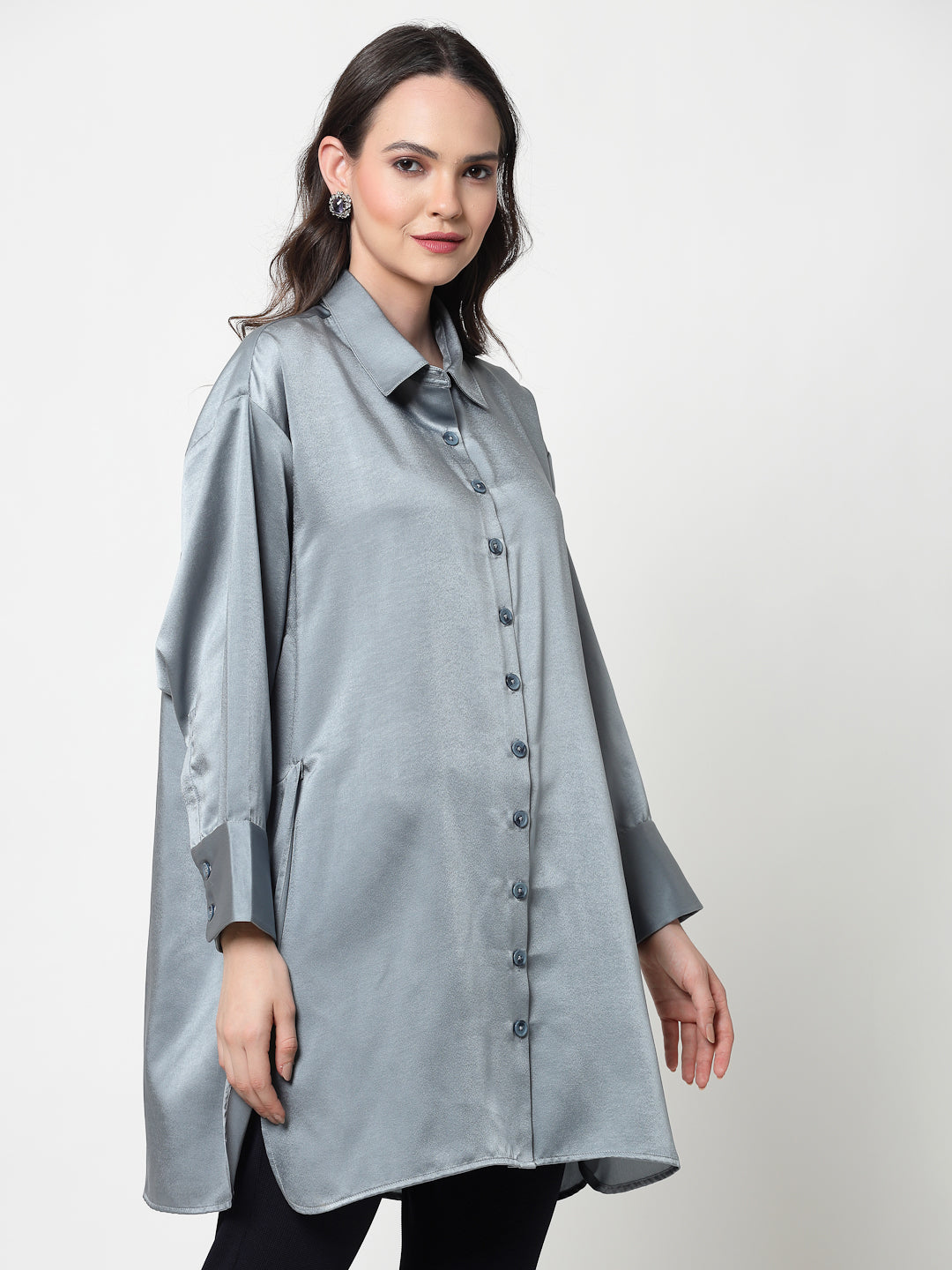 Bluish Grey Satin Oversize Long Shirt,womens formal shirts	
cotton shirts for women	
Ofiice shirts for women	