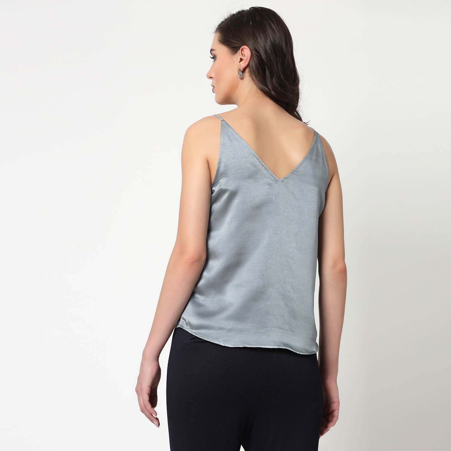 Bluish Grey Satin Spaghetti Top, formal tops for women	