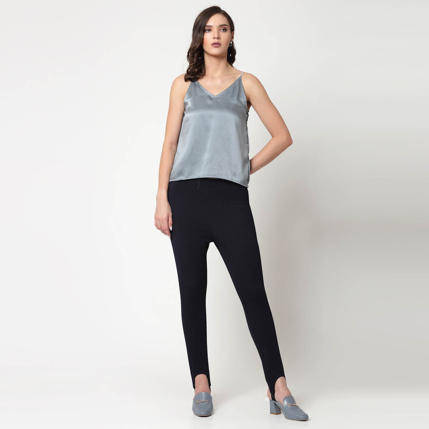 Bluish Grey Satin Spaghetti Top, formal tops for women	
