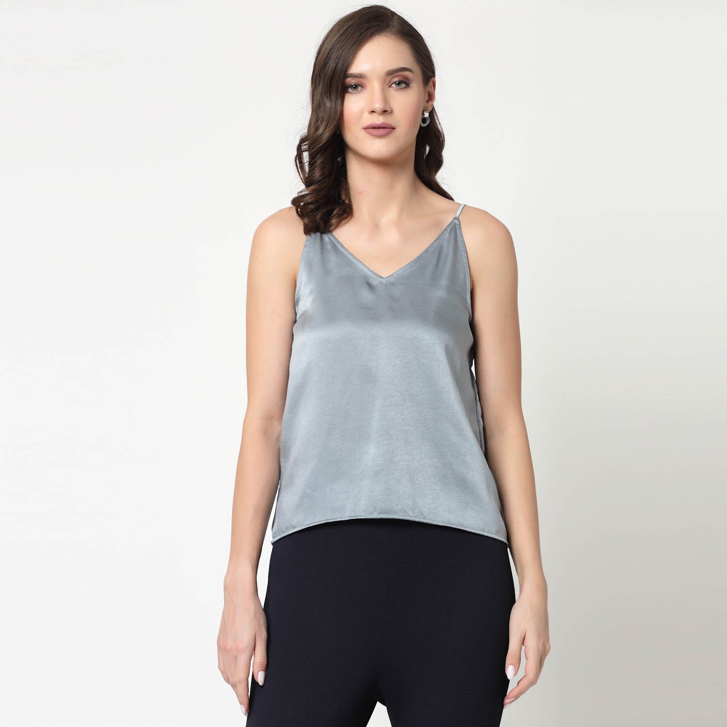 Bluish Grey Satin Spaghetti Top, formal tops for women	