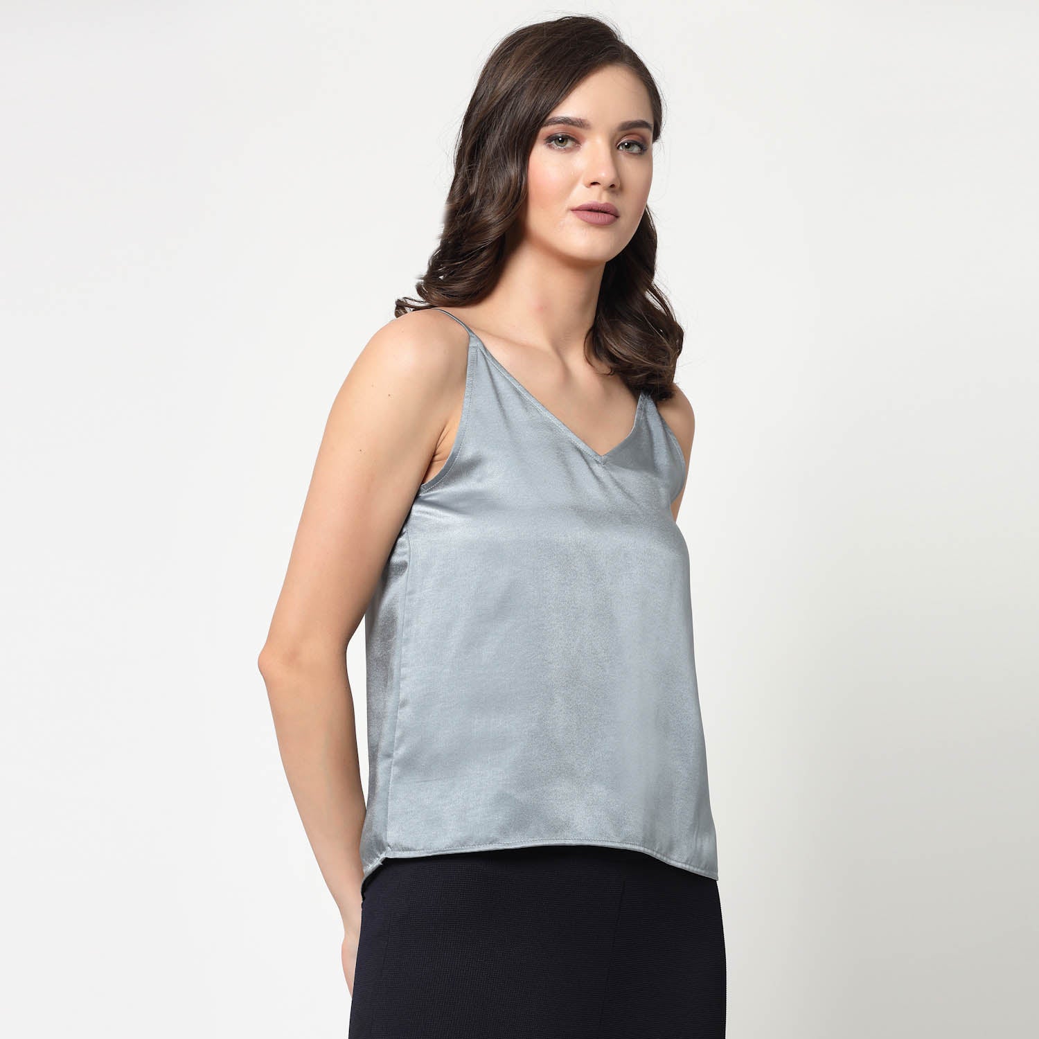 Bluish Grey Satin Spaghetti Top, formal tops for women	