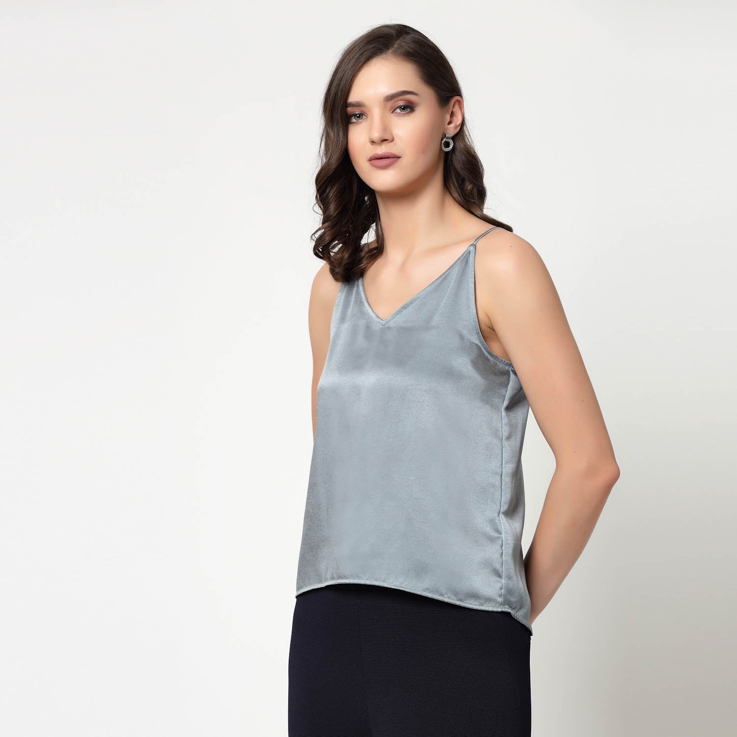 Bluish Grey Satin Spaghetti Top, formal tops for women	