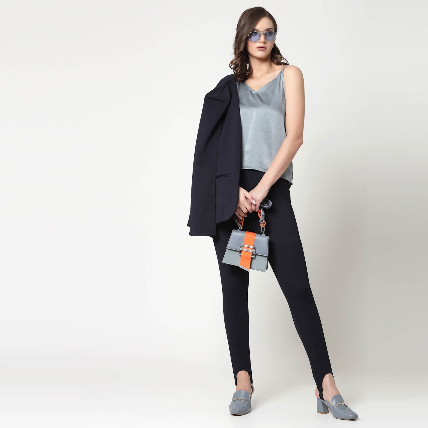 Bluish Grey Satin Spaghetti Top, formal tops for women	