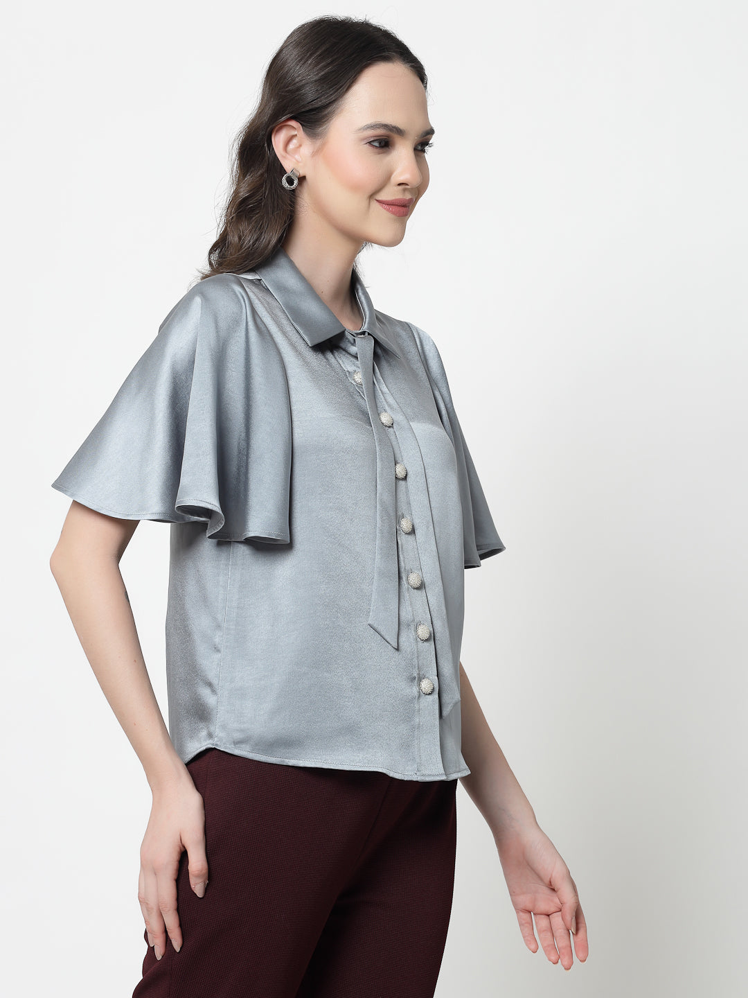Bluish Grey Satin Top With Bell Sleeves & Tie Knot, formal tops for women