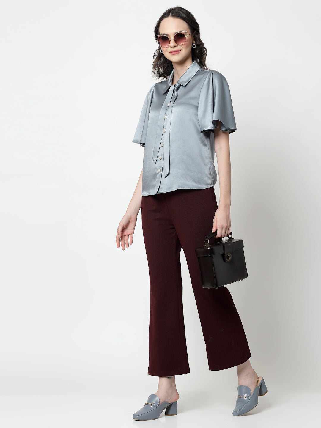 Bluish Grey Satin Top With Bell Sleeves & Tie Knot, formal tops for women