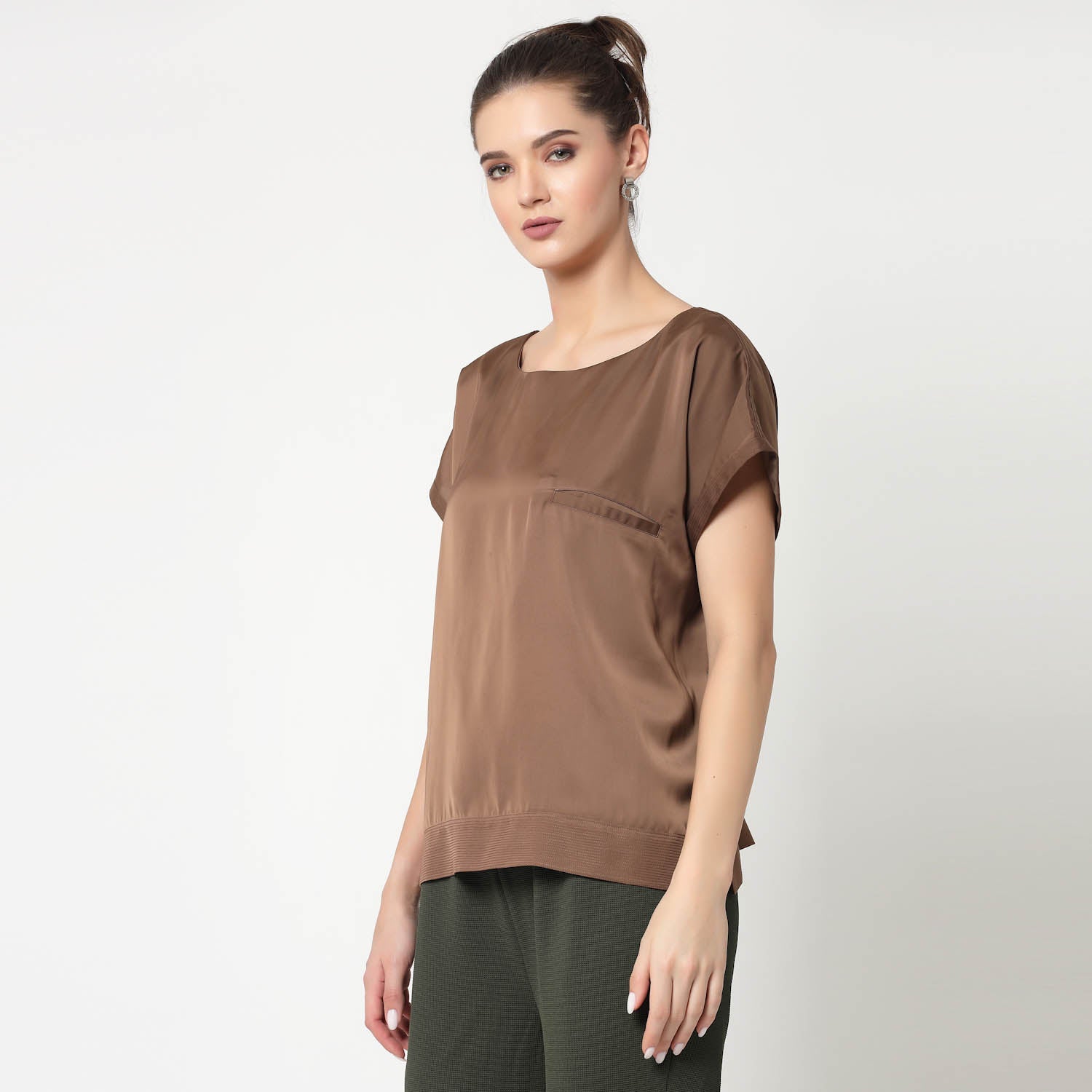 Brown Top With Quilting & Pocket, formal tops for women	