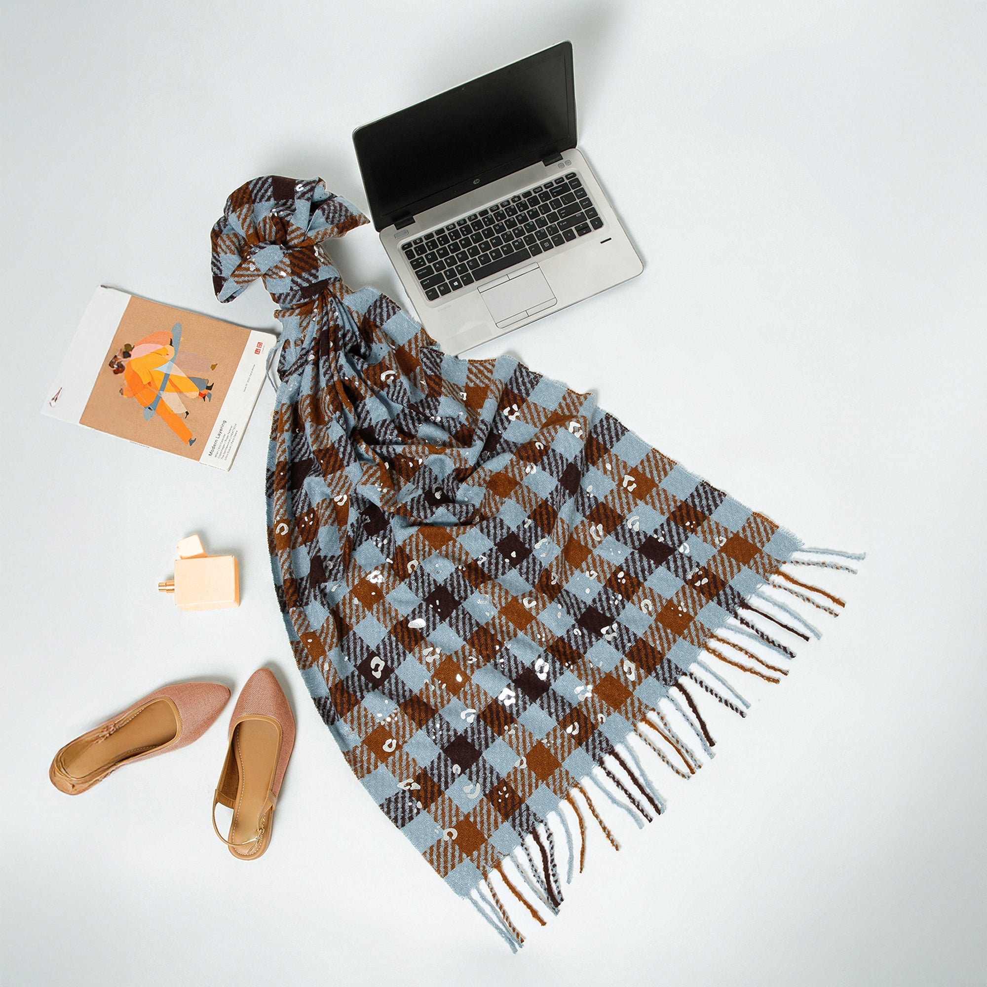 Brown And Sky Blue Check Stole With Foil Print