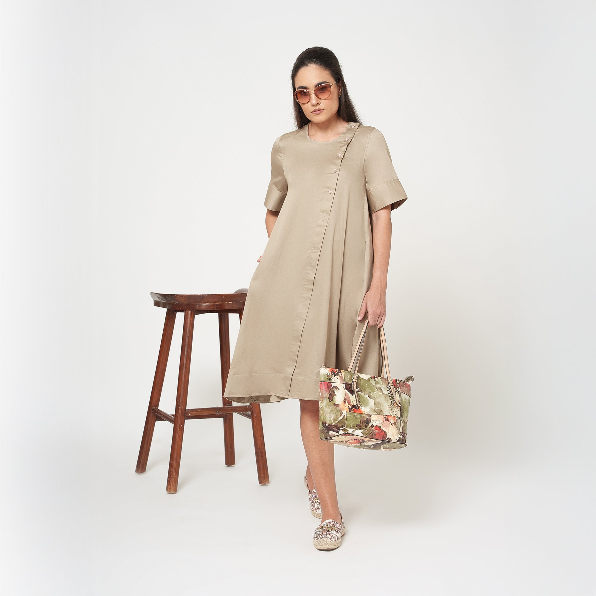 Beige Cotton A-Line Dress