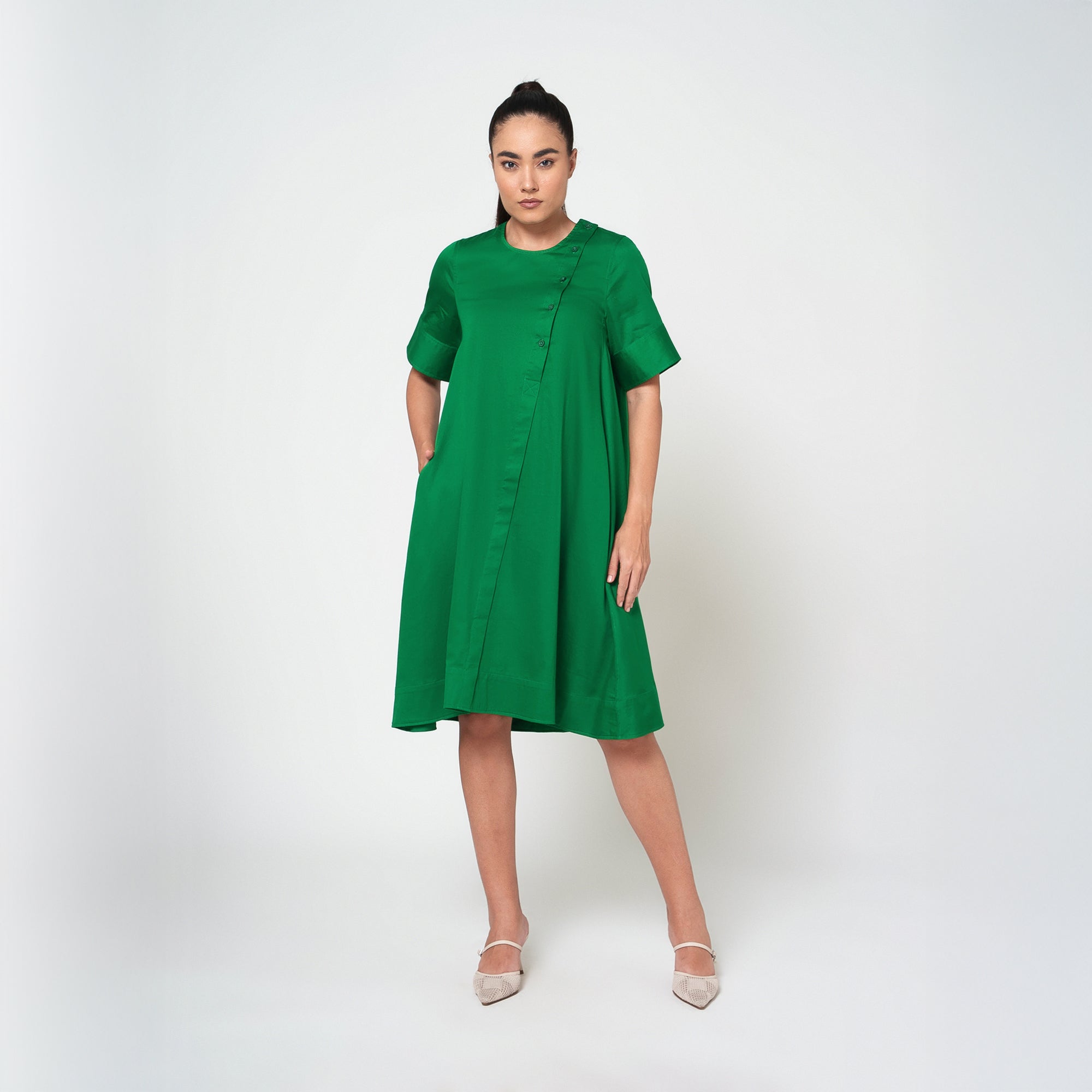 Green Cotton A-Line Dress-6