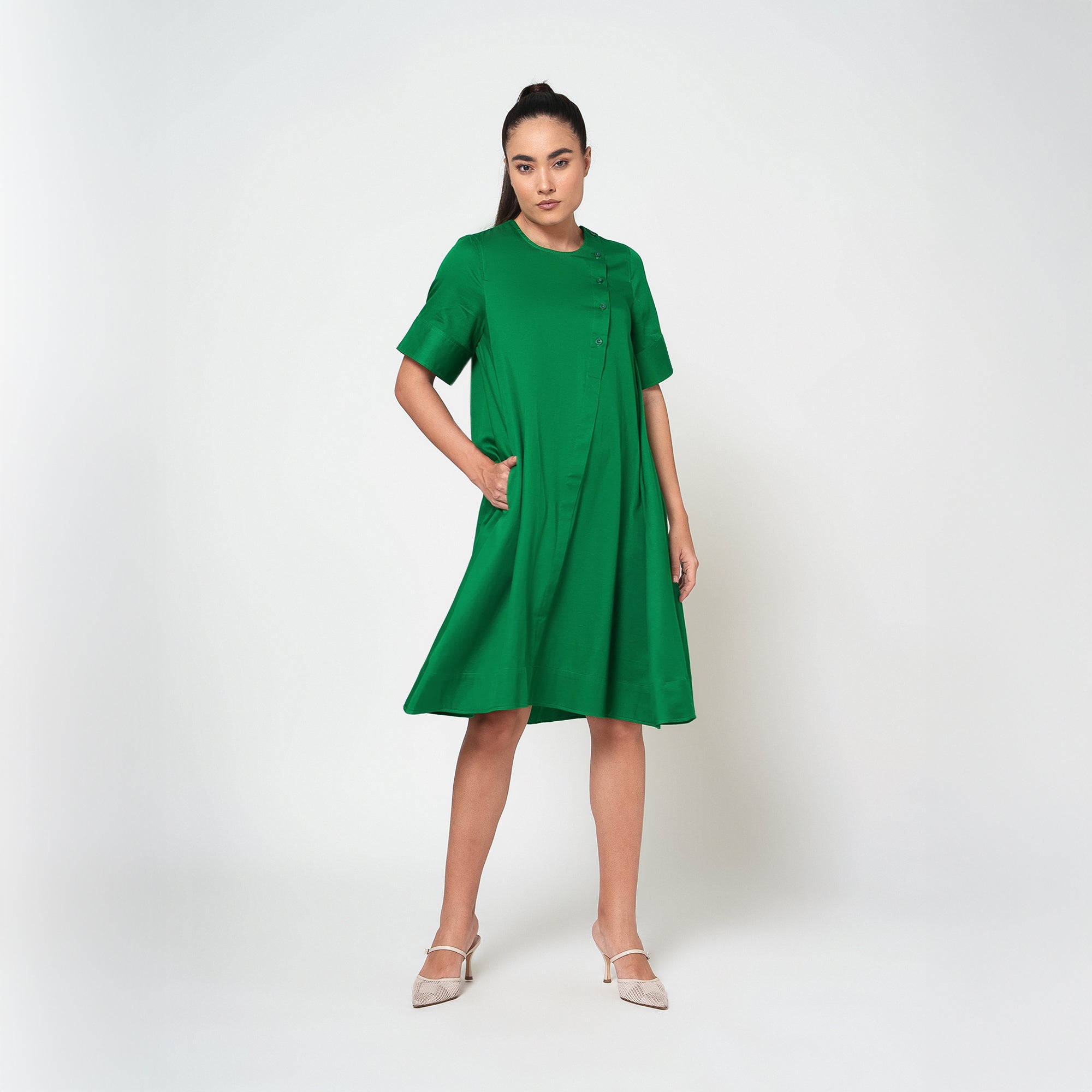 Green Cotton A-Line Dress-2