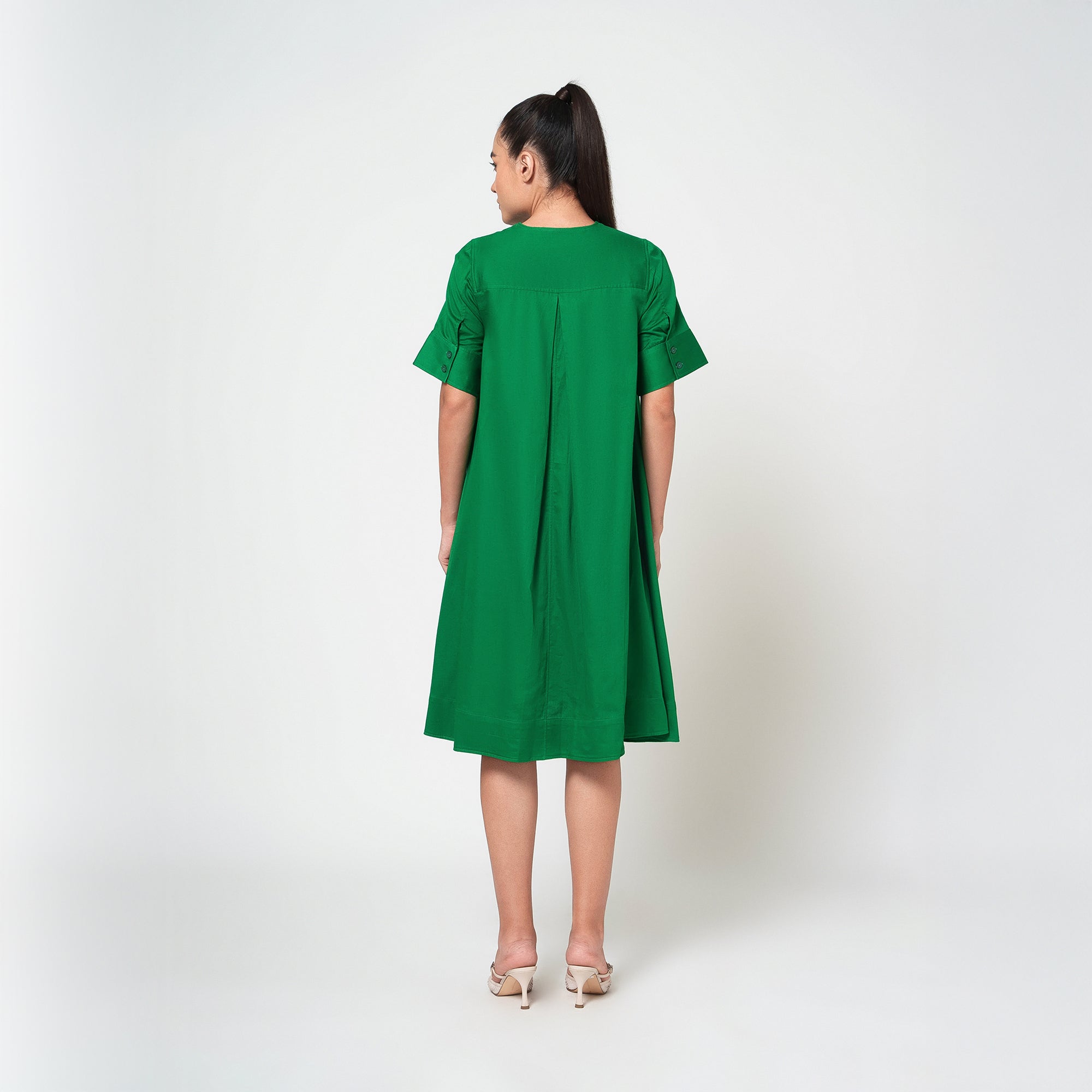 Green Cotton A-Line Dress-5