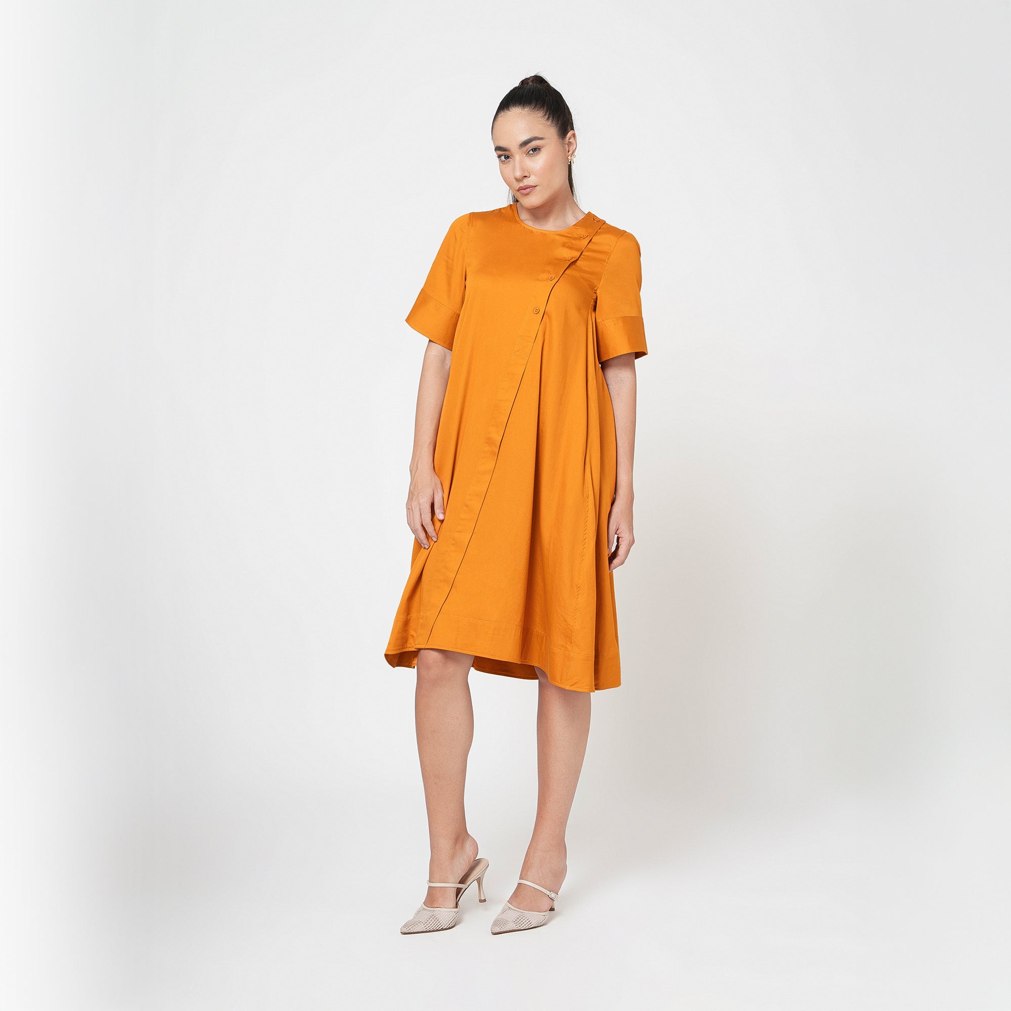 Mustard Cotton A-Line Dress With Round Neck