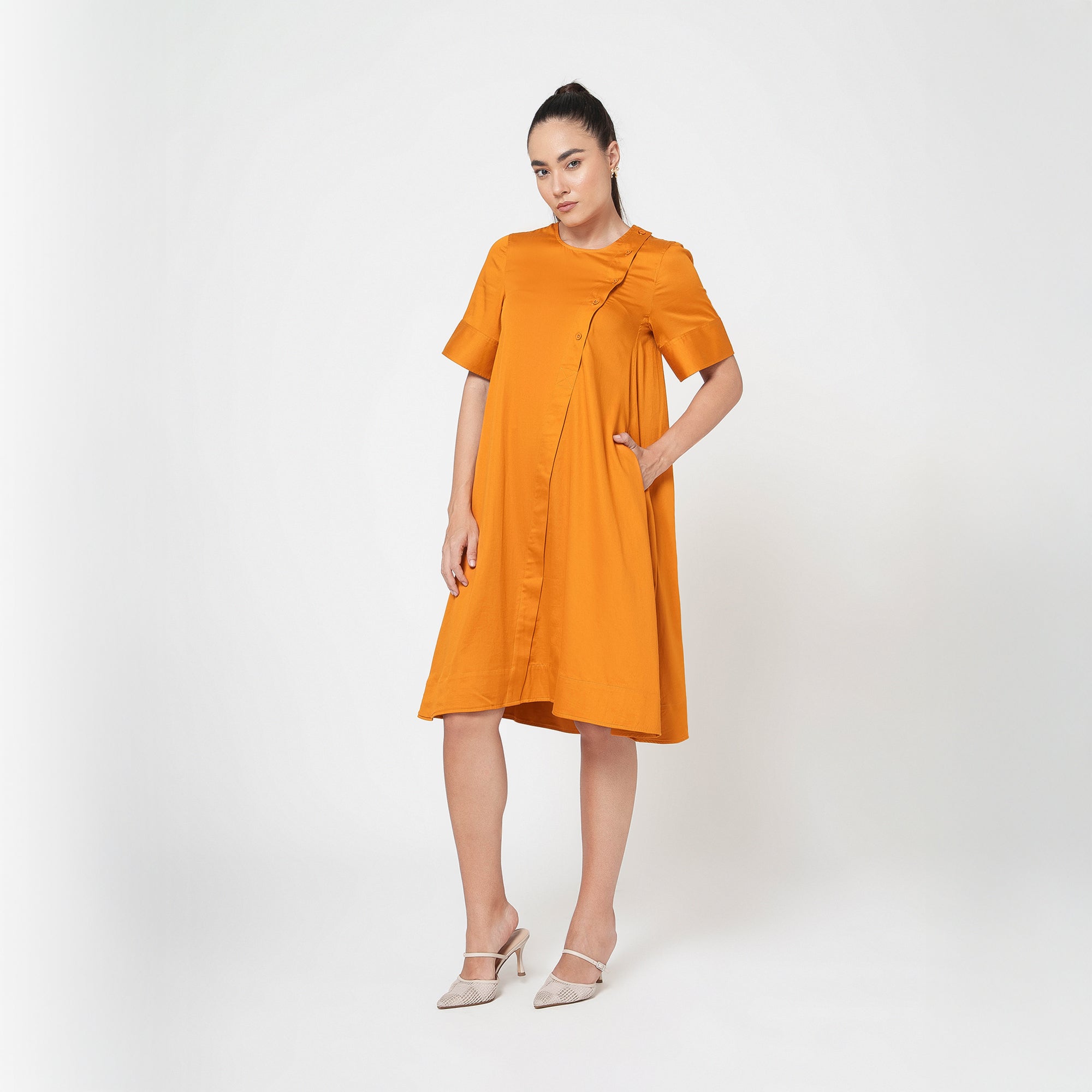 Mustard Cotton A-Line Dress With Round Neck